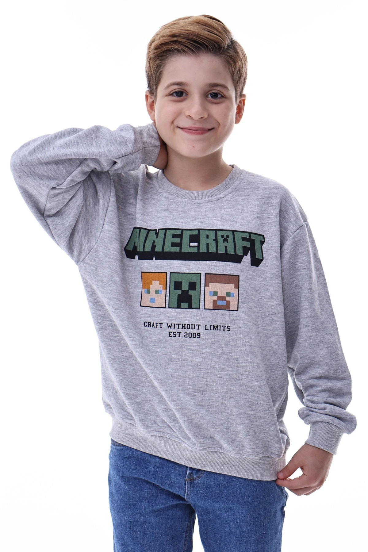 Minecraft Baskılı Erkek Çocuk Sweatshirt Gri Gamer Oyun Temalı