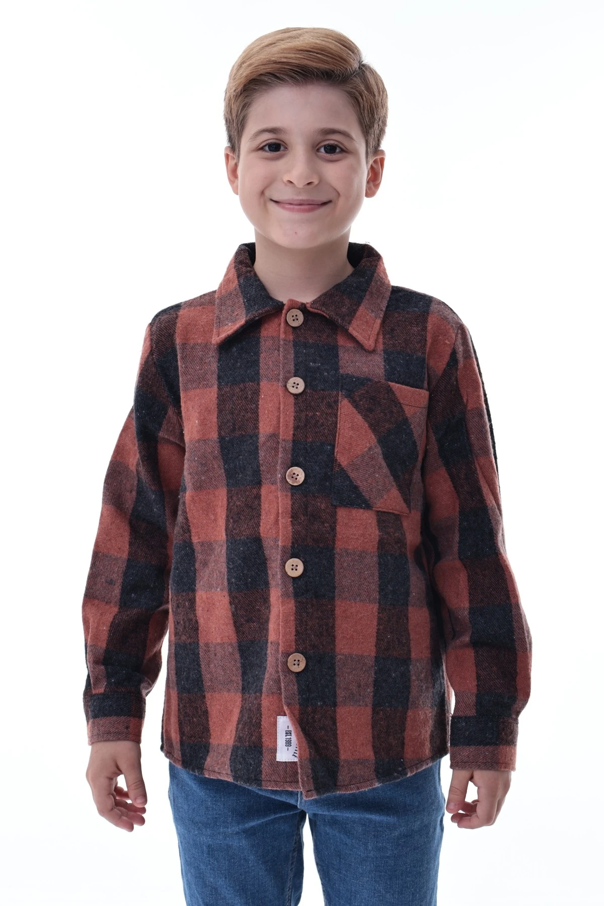 Kahverengi Ekose Erkek Çocuk Oduncu Gömlek Düğmeli Rahat Kalıp