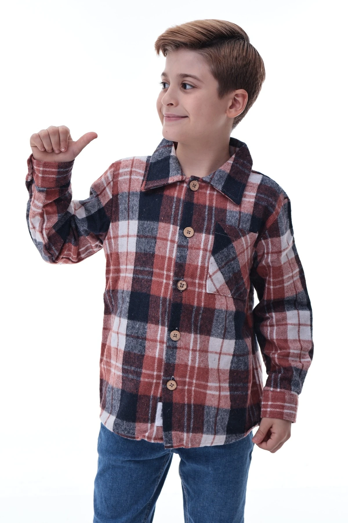 Kahverengi Lacivert Ekose Erkek Çocuk Oduncu Gömlek Düğmeli Kalın Kumaş