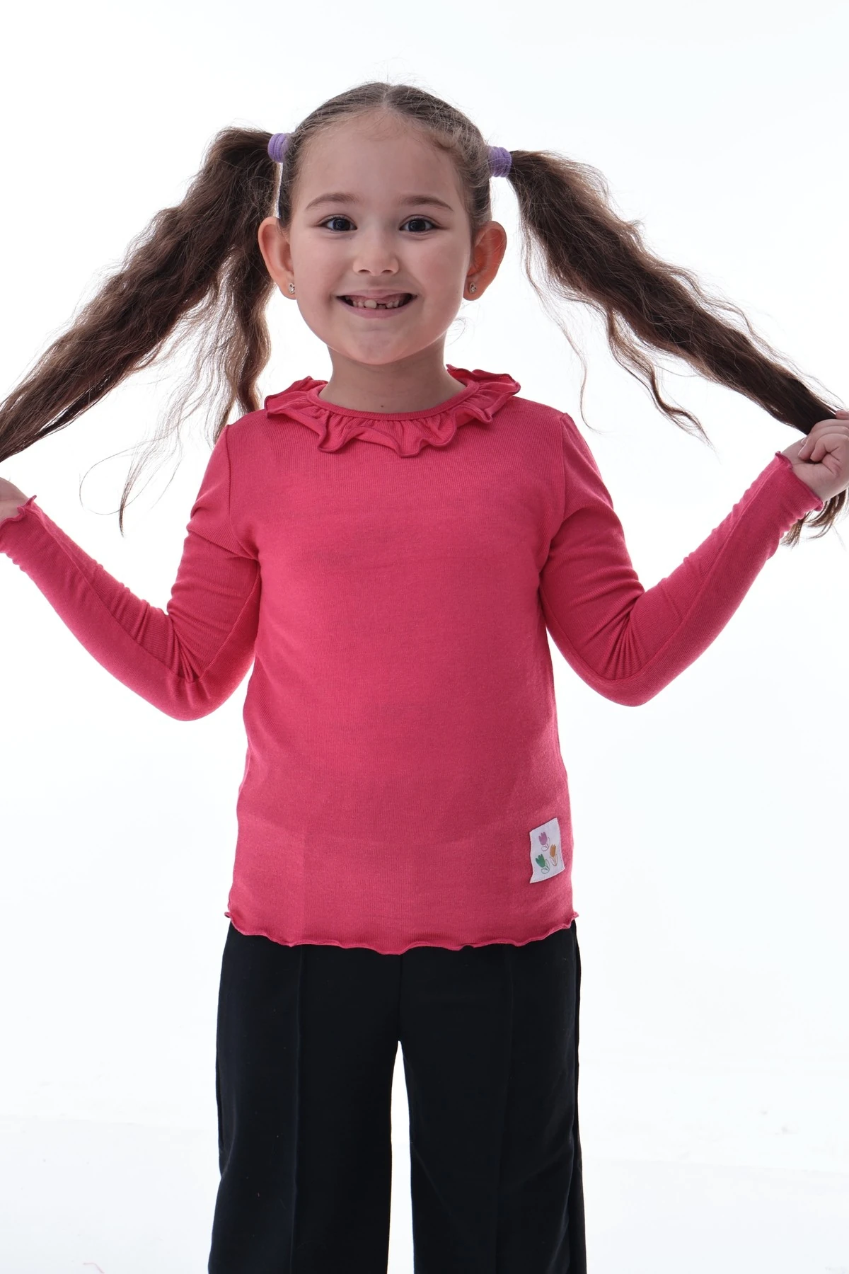 Kız Çocuk %100 Pamuk Uzun Kollu Fırfırlı Tişört – Pembe Rahat Esnek Günlük Basic Üst