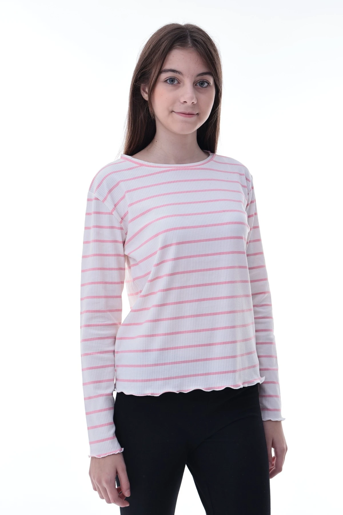 Kız Çocuk Çizgili Uzun Kollu Bluz – Fırfırlı Yaka, Rahat Günlük Giyim, Esnek Kumaş