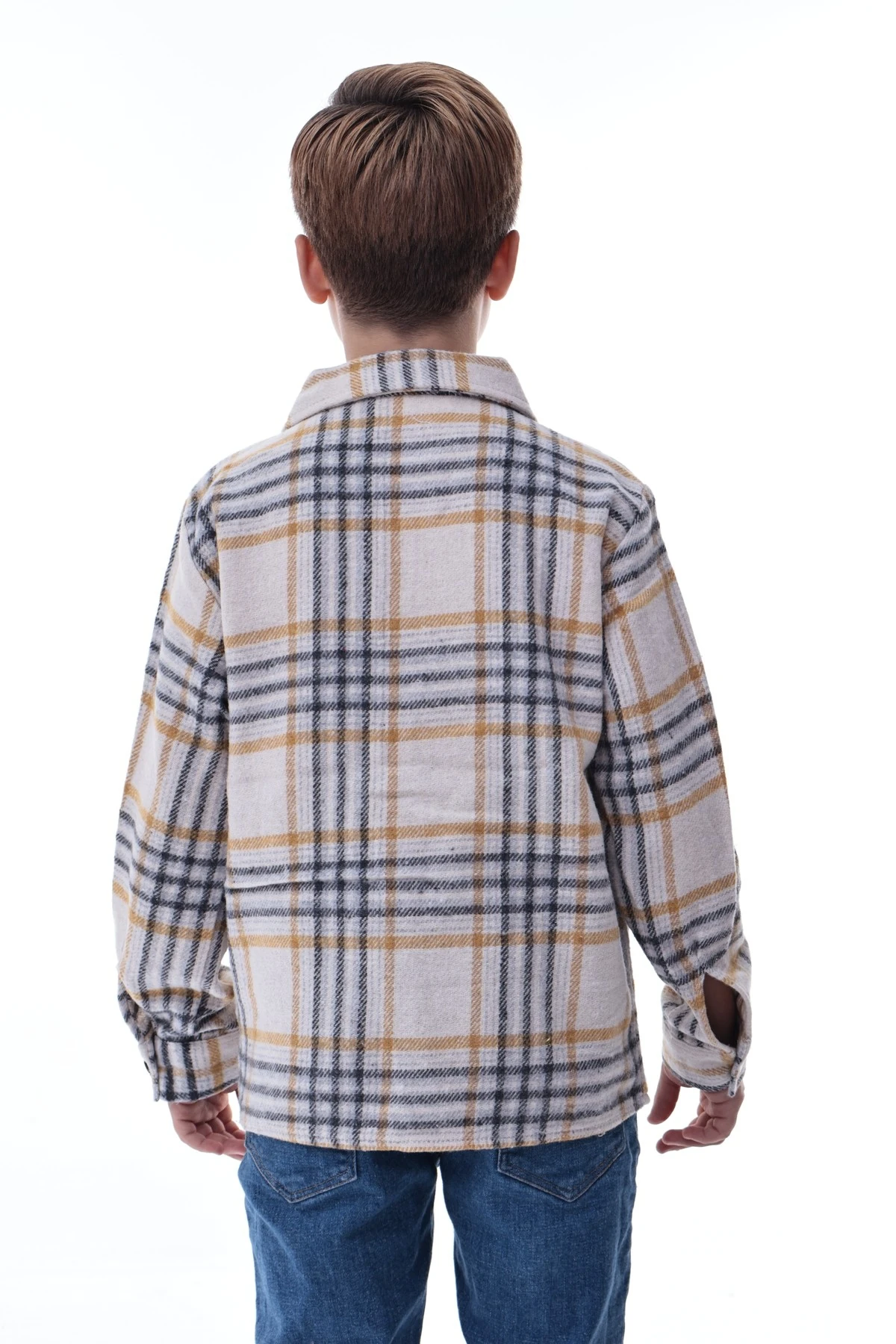 Bej Sarı Ekose Erkek Çocuk Oduncu Gömlek Rahat Kalıp Düğmeli