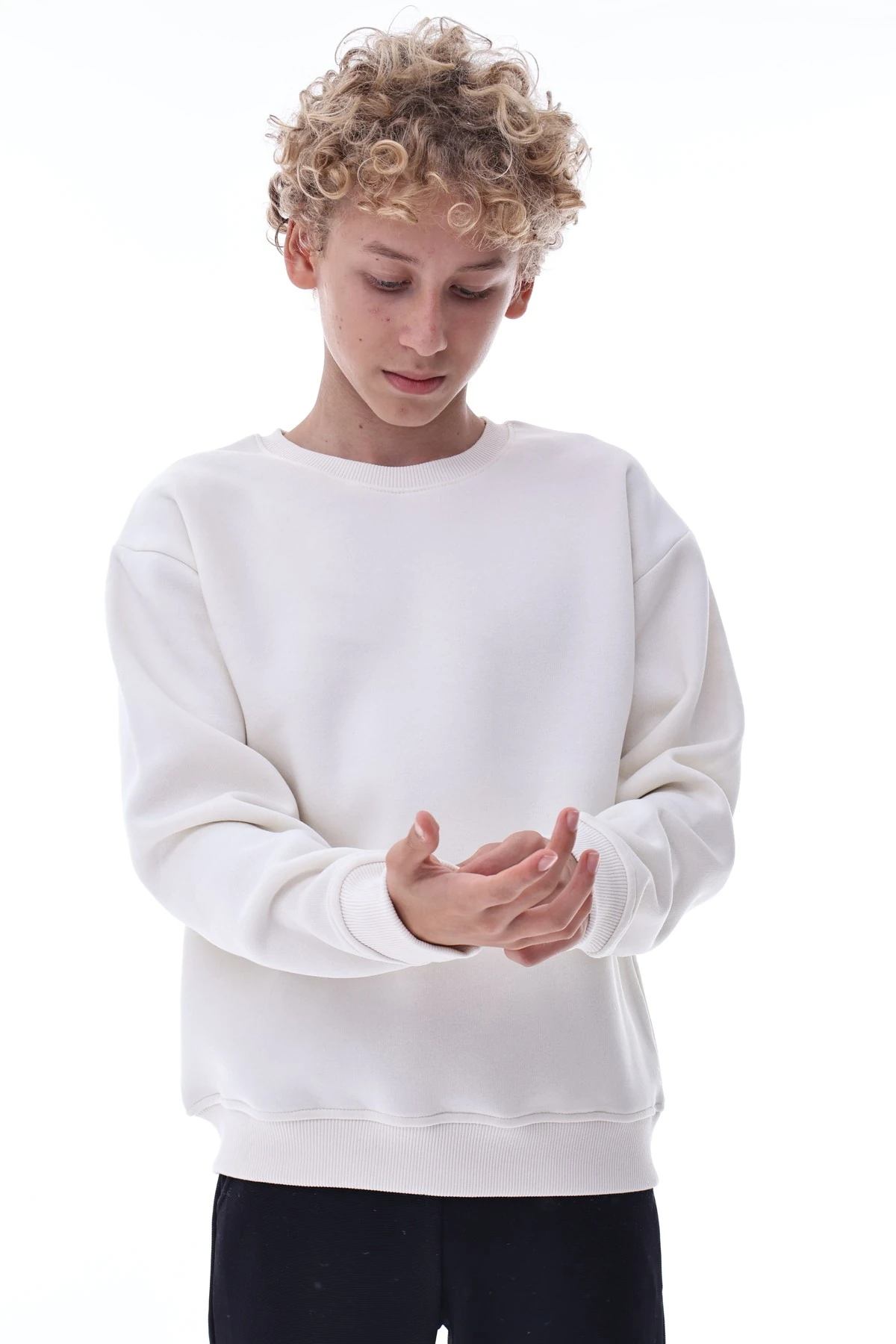 Ekru Erkek Çocuk Sweat – Pamuklu Rahat Kalıp Basic Uzun Kollu