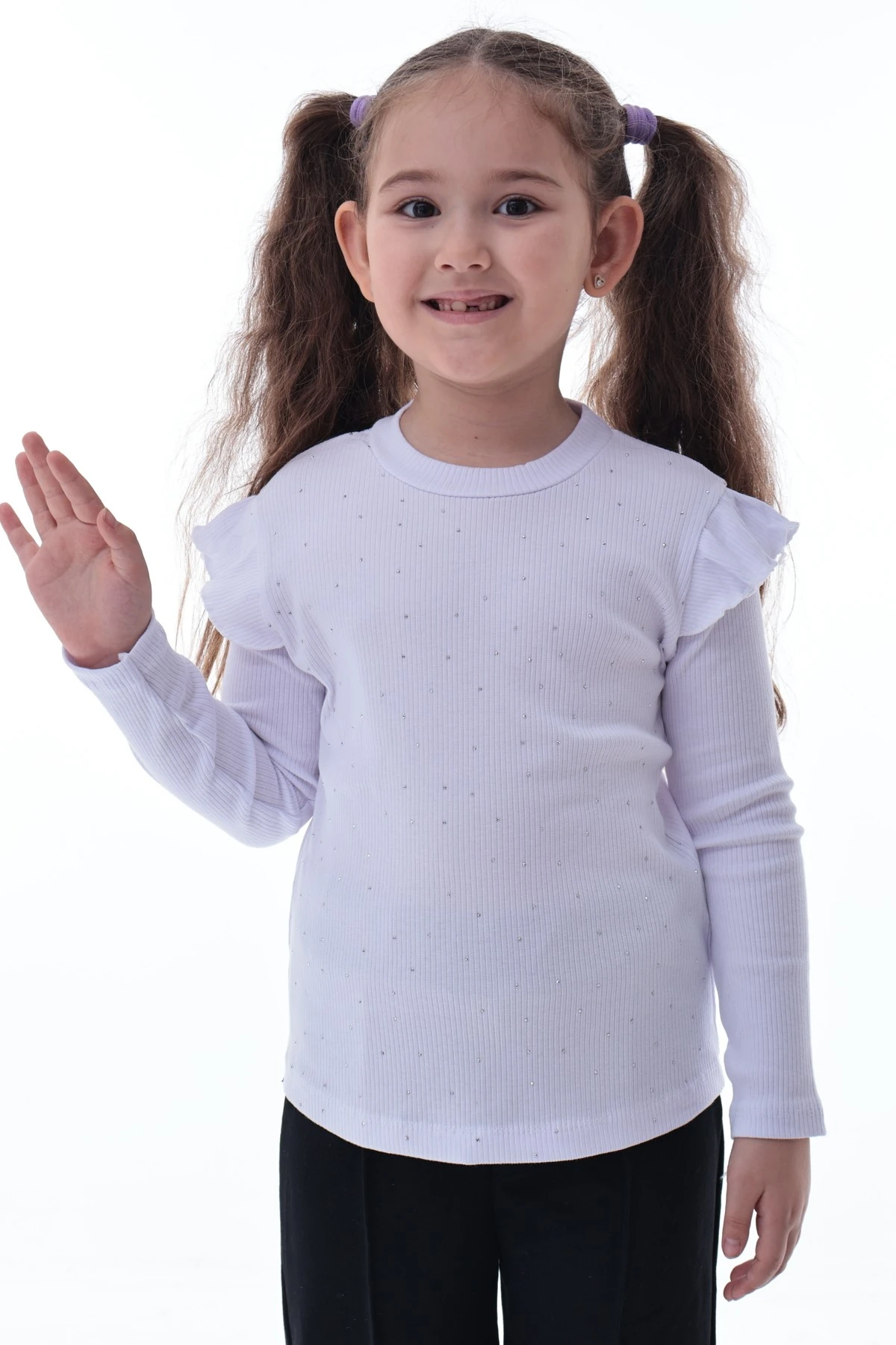 Kız Çocuk Taş Detaylı Uzun Kollu Ribana Tişört–Esnek Rahat Kumaş, Şık ve Günlük Kullanıma Uygun Üst