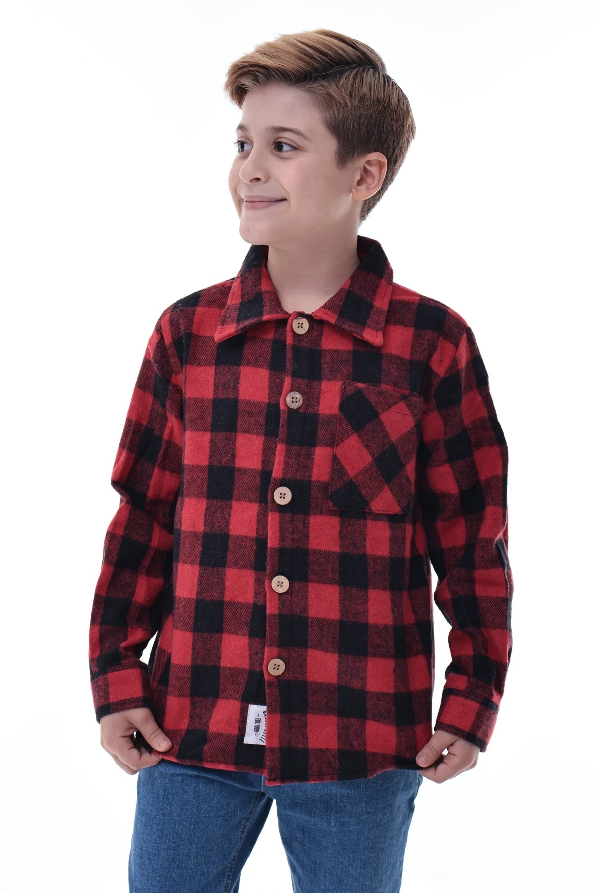 Kırmızı Siyah Ekose Erkek Çocuk Oduncu Gömlek Rahat Kalıp Düğmeli