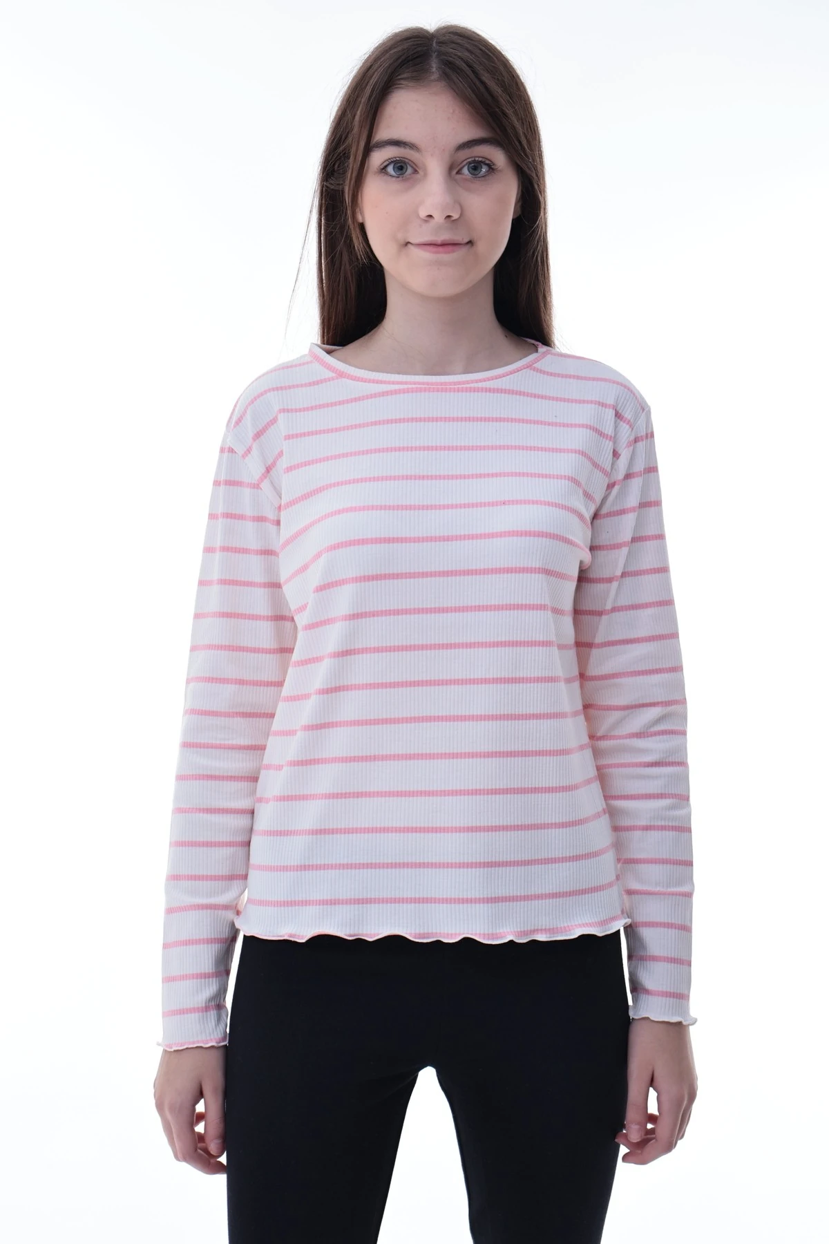 Kız Çocuk Çizgili Uzun Kollu Bluz – Fırfırlı Yaka, Rahat Günlük Giyim, Esnek Kumaş