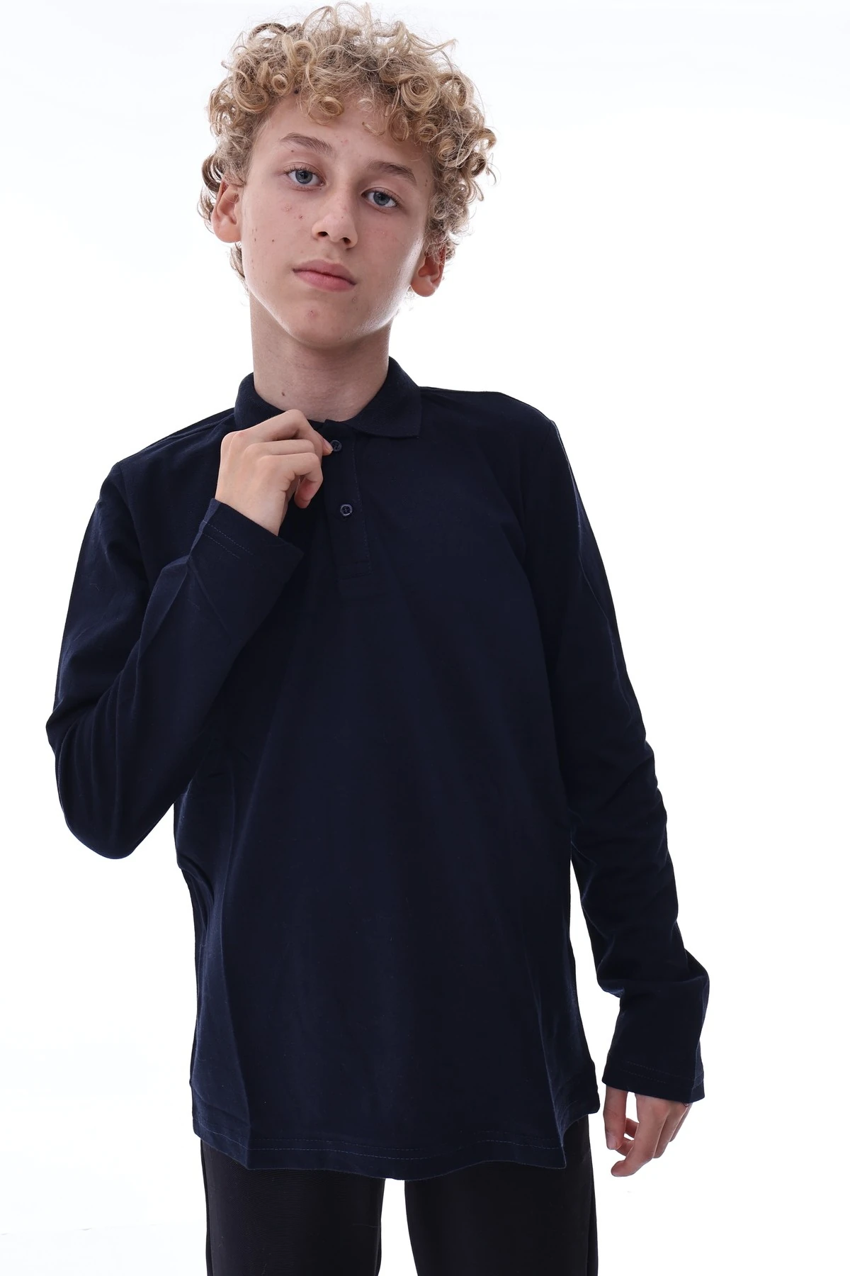 Erkek Çocuk Lacivert Uzun Kollu Polo Yaka Tişört – Pamuklu Rahat Günlük Çocuk Üst
