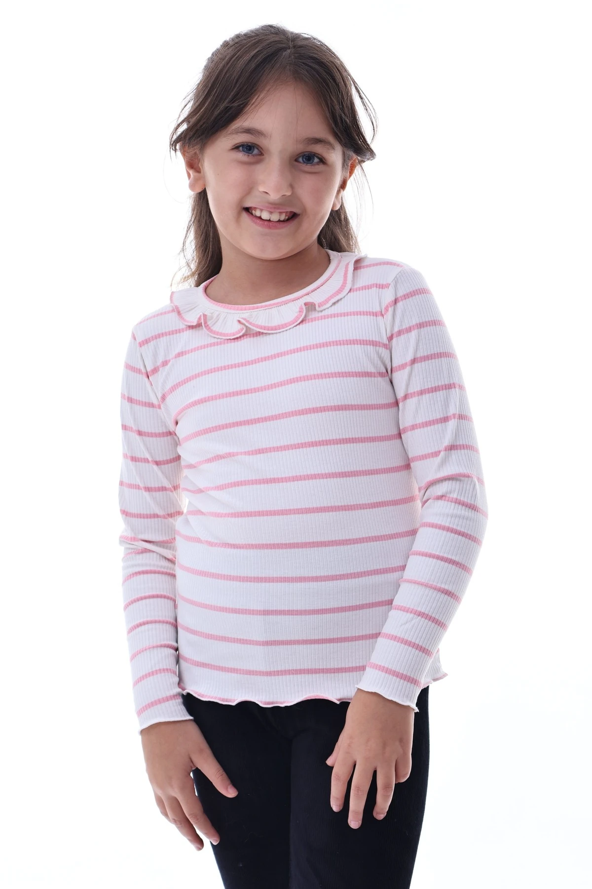 Kız Çocuk Çizgili Fırfır Yaka Uzun Kollu Pembe Ribana Tişört – Şık ve Rahat