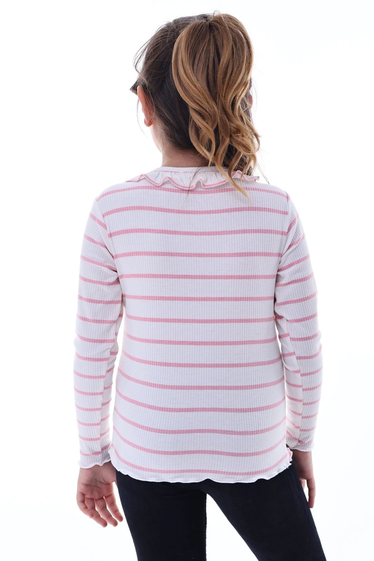 Kız Çocuk Çizgili Fırfır Yaka Uzun Kollu Pembe Ribana Tişört – Şık ve Rahat