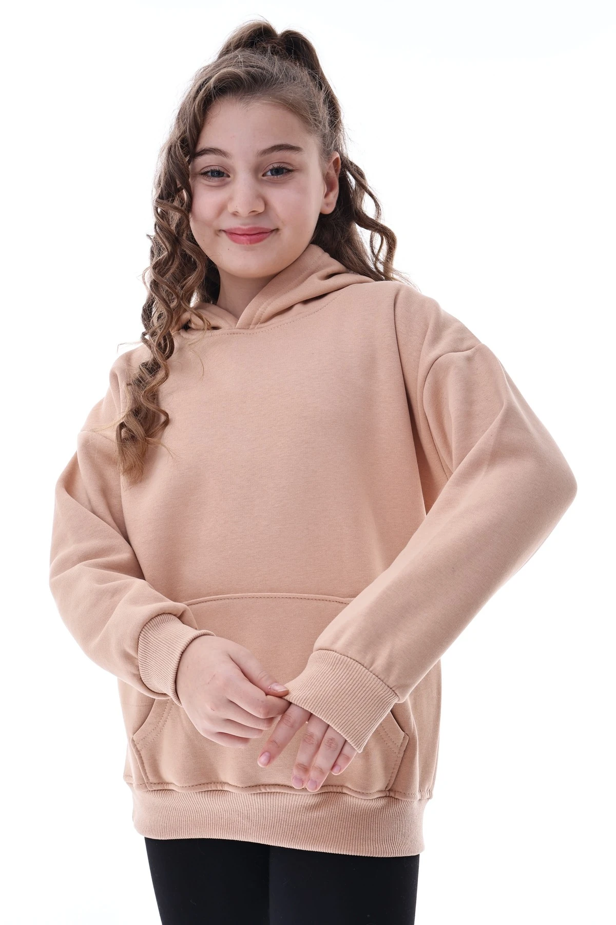 Unisex Çocuk Kapüşonlu Sweatshirt Rahat Günlük Spor Giyim Oversize Model Krem Renkli