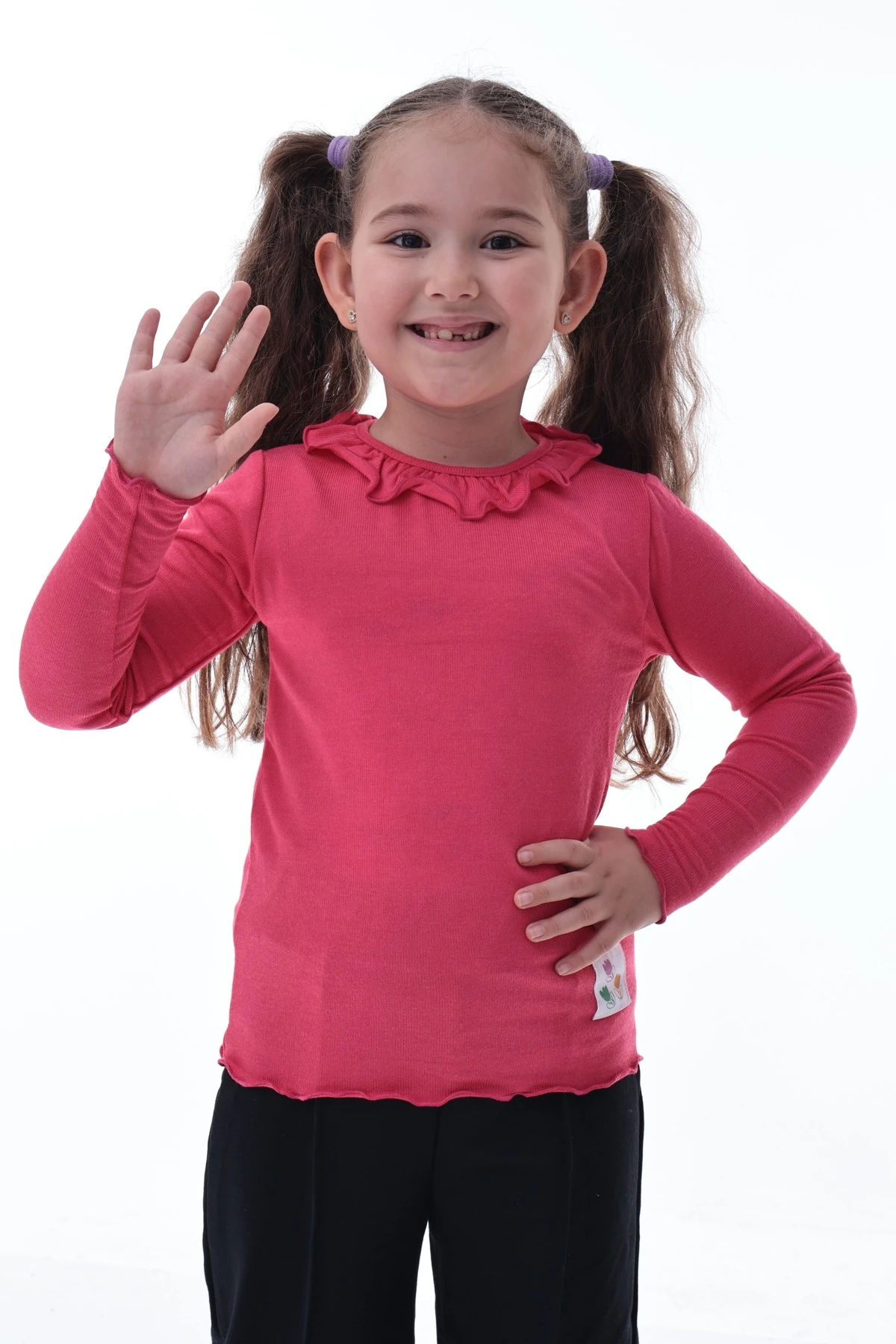 Kız Çocuk %100 Pamuk Uzun Kollu Fırfırlı Tişört – Pembe Rahat Esnek Günlük Basic Üst