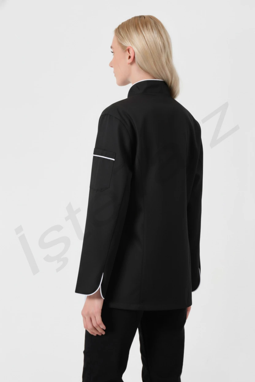 Biyeli Kruvaze Yaka Aşçı Ceketi - Siyah