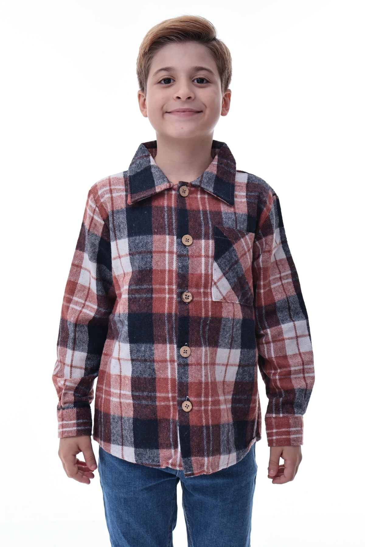 Kahverengi Lacivert Ekose Erkek Çocuk Oduncu Gömlek Düğmeli Kalın Kumaş