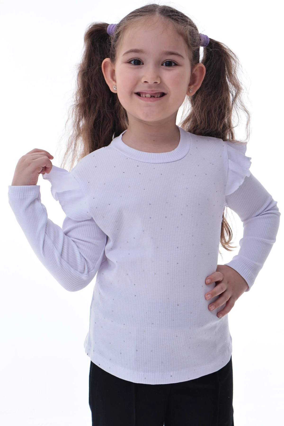 Kız Çocuk Taş Detaylı Uzun Kollu Ribana Tişört–Esnek Rahat Kumaş, Şık ve Günlük Kullanıma Uygun Üst