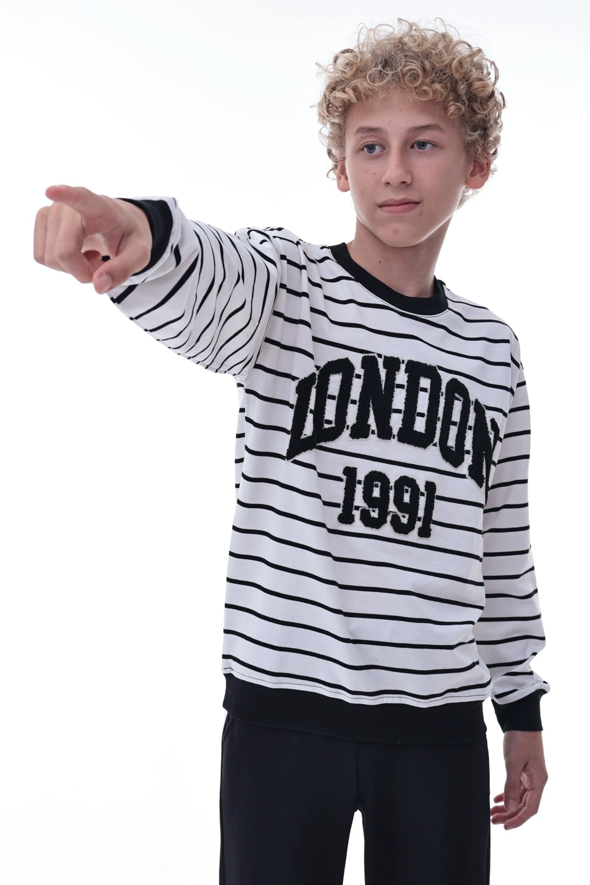 Erkek Çocuk London 1991 Baskılı Çizgili Sweatshirt – Siyah Beyaz Pamuklu
