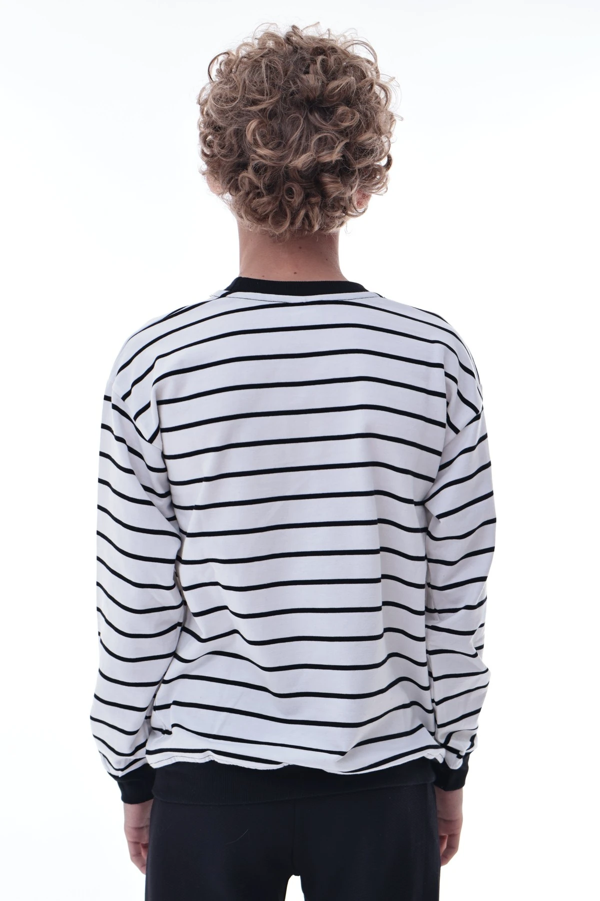 Erkek Çocuk London 1991 Baskılı Çizgili Sweatshirt – Siyah Beyaz Pamuklu