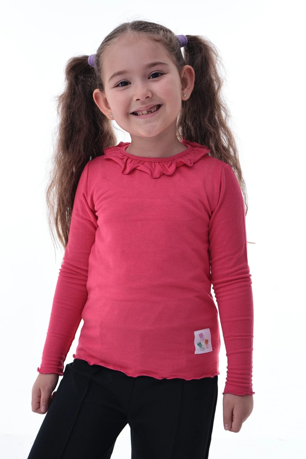 Kız Çocuk %100 Pamuk Uzun Kollu Fırfırlı Tişört – Pembe Rahat Esnek Günlük Basic Üst