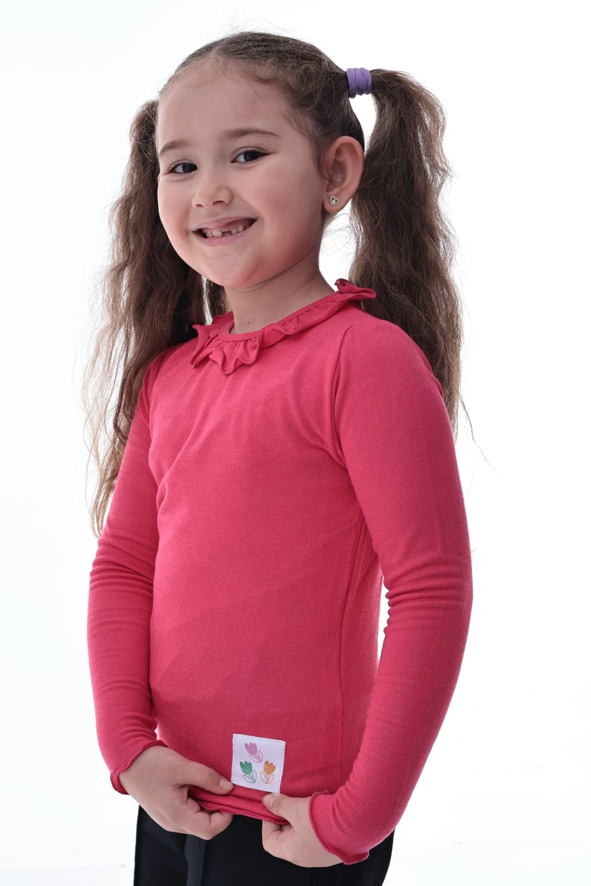 Kız Çocuk %100 Pamuk Uzun Kollu Fırfırlı Tişört – Pembe Rahat Esnek Günlük Basic Üst