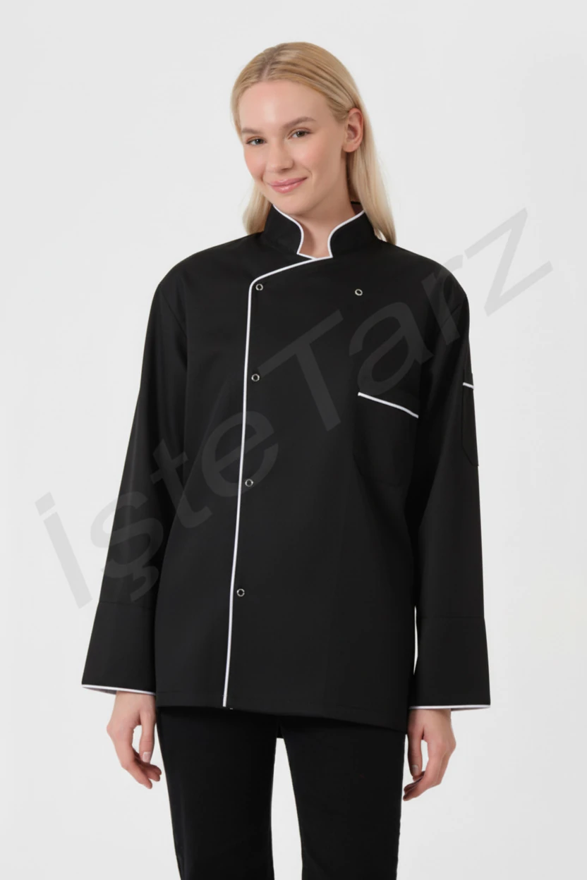 Biyeli Kruvaze Yaka Aşçı Ceketi - Siyah