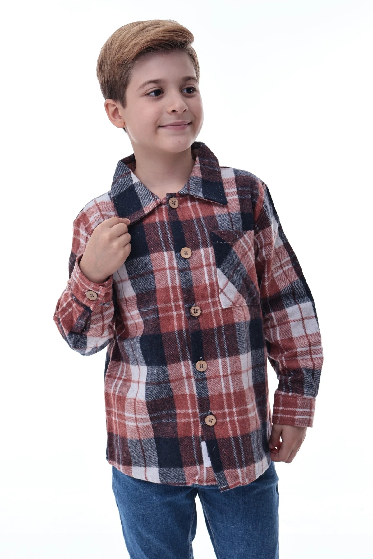 Kahverengi Lacivert Ekose Erkek Çocuk Oduncu Gömlek Düğmeli Kalın Kumaş