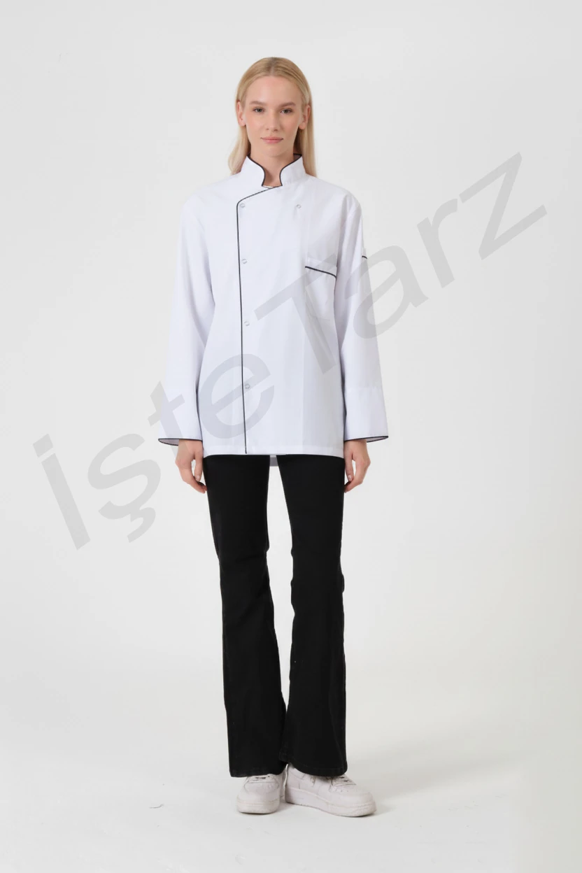 Biyeli Kruvaze Yaka Aşçı Ceketi - Beyaz