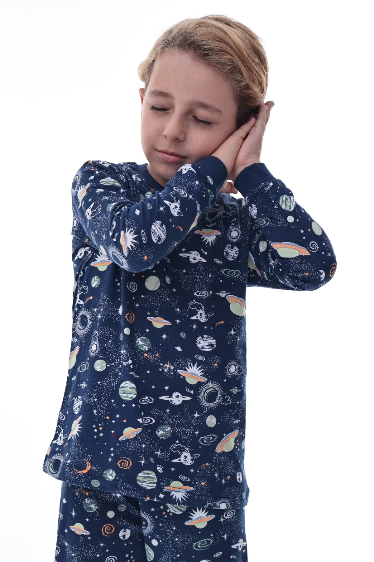 Erkek Çocuk %100 Pamuk Uzay Desenli Pijama Takımı - Pamuklu Rahat Kışlık Takım