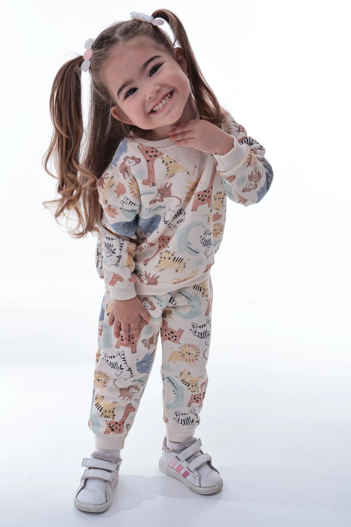 Kız Çocuk Renkli Hayvan Desenli Sweatshirt Jogger Takım | Yumuşak Rahat Günlük Giyim