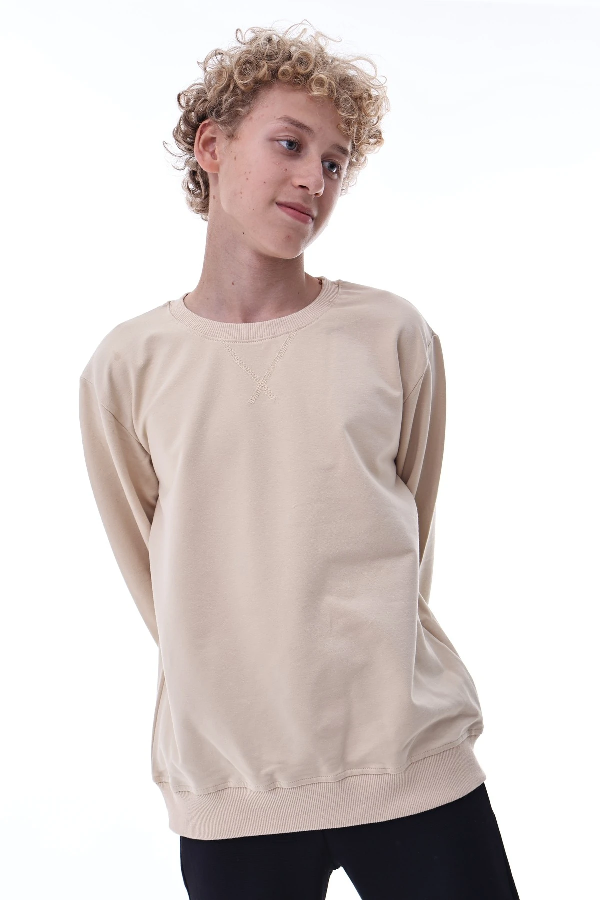 Bej Erkek Çocuk Sweatshirt – Rahat Kalıp Pamuklu İki İplik Kumaş