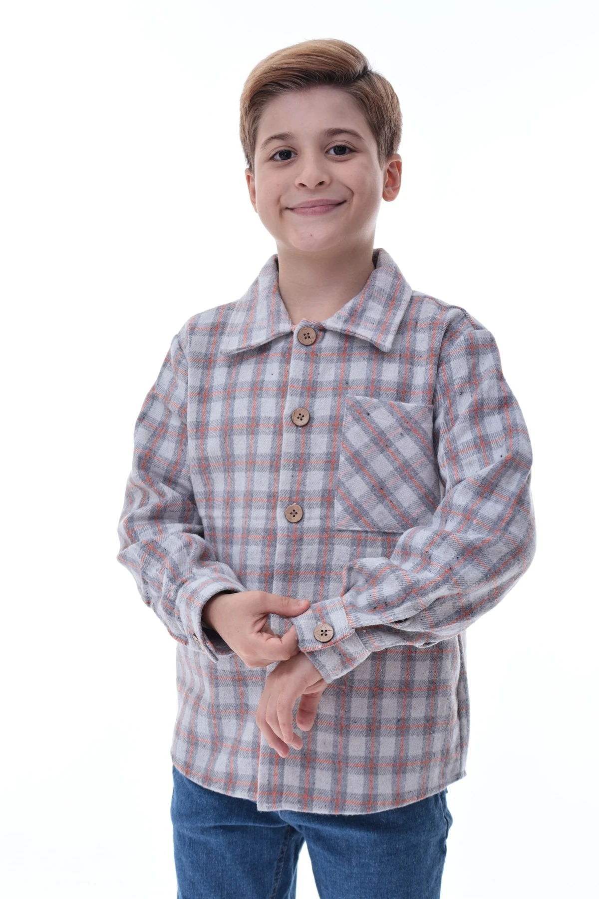 Gri Turuncu Ekose Erkek Çocuk Oduncu Gömlek Düğmeli Rahat Kalıp