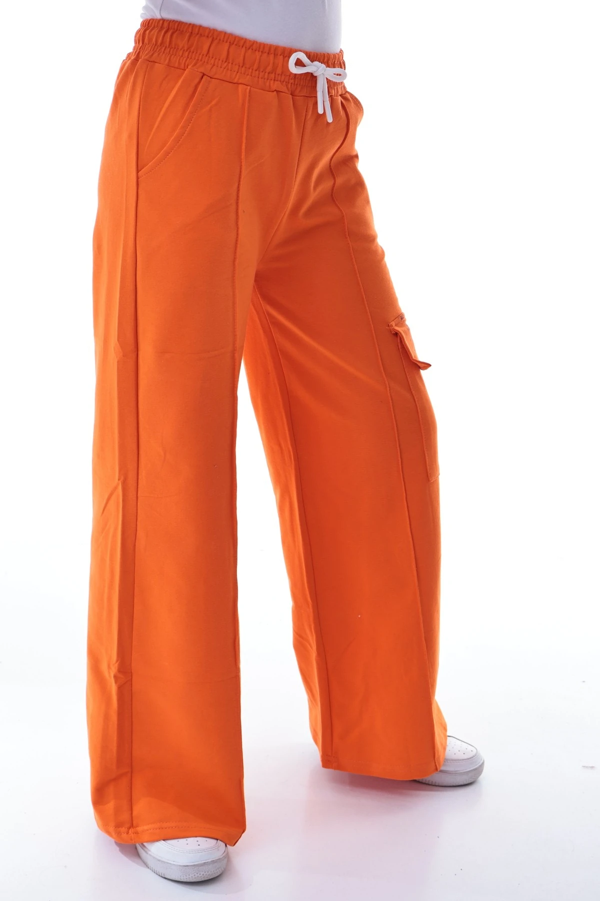 Kız Çocuk Turuncu Kargo Geniş Paça Eşofman Altı 5-14 Yaş Rahat Günlük Pantolon