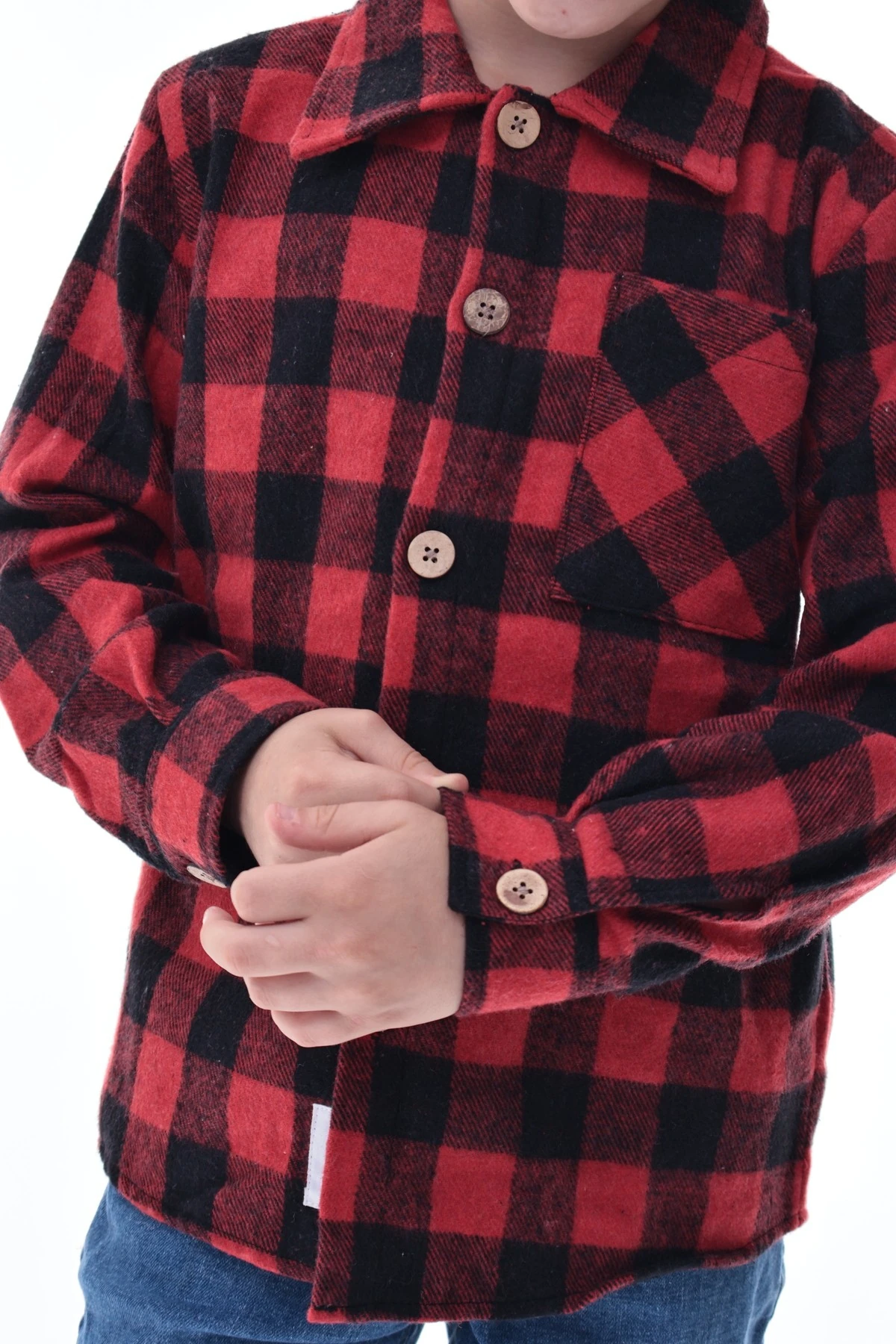 Kırmızı Siyah Ekose Erkek Çocuk Oduncu Gömlek Rahat Kalıp Düğmeli