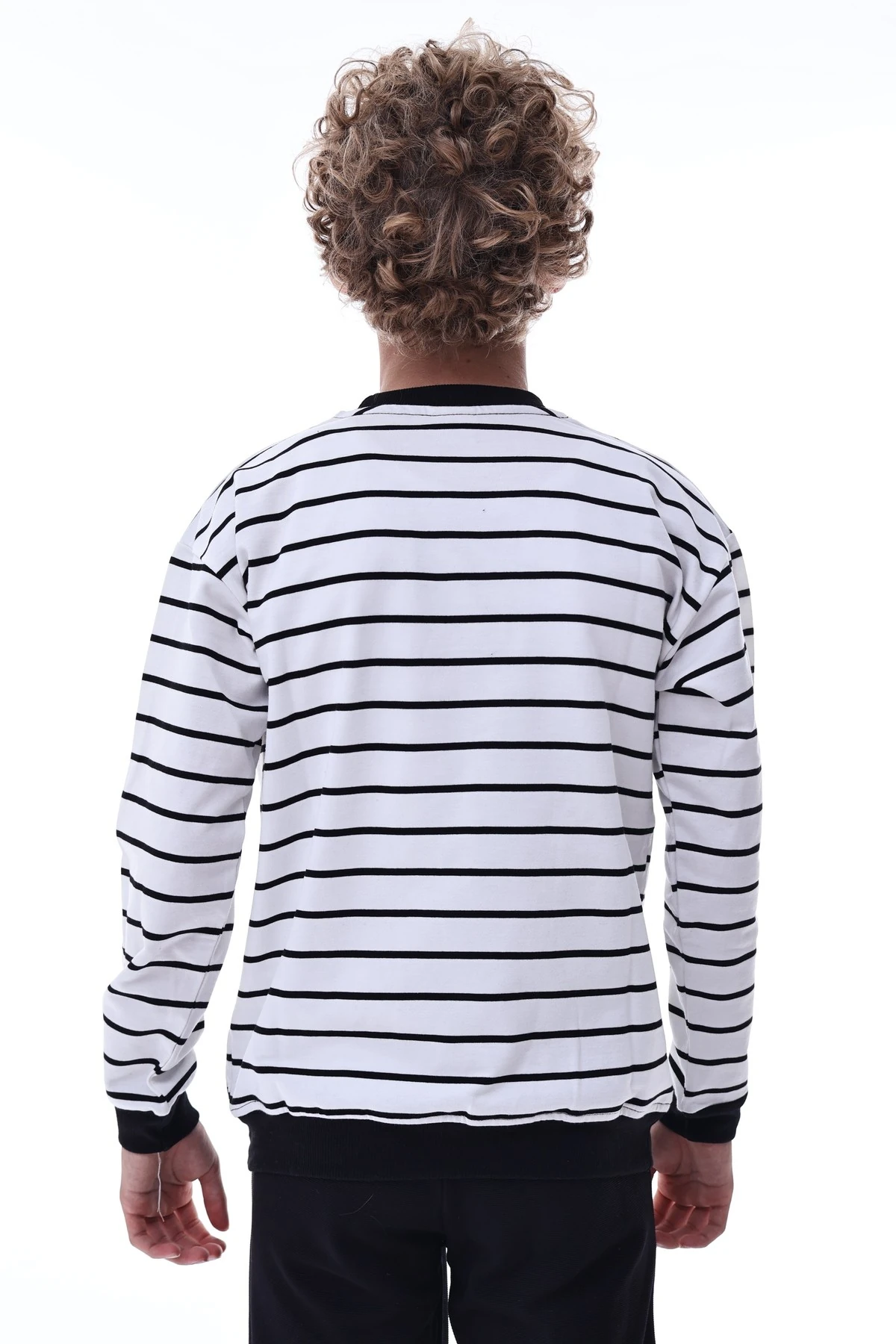 Çizgili Erkek Çocuk Sweatshirt – Siyah Beyaz Pamuklu Rahat Kalıp