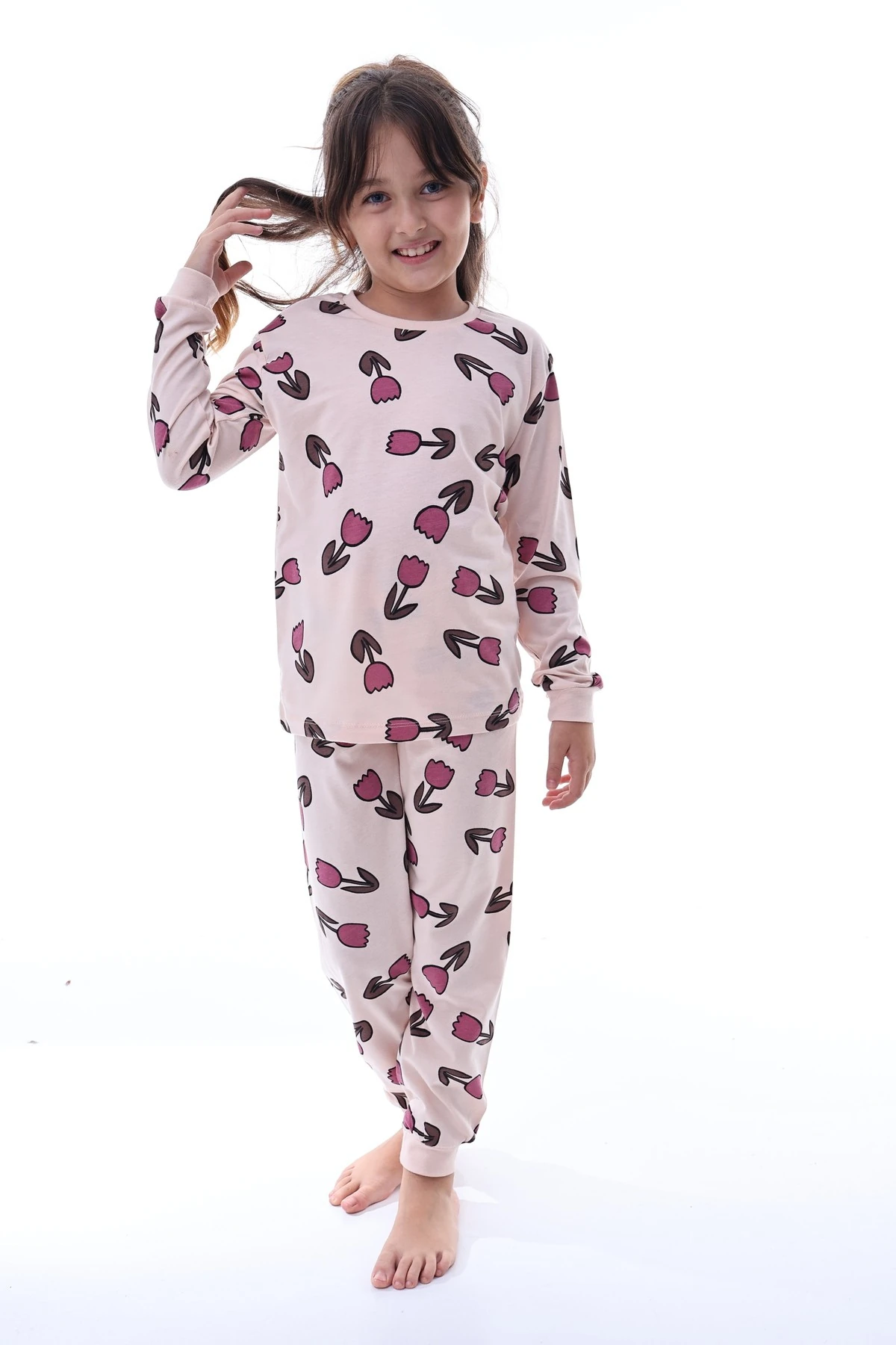 Kız Çocuk %100 Pamuklu Desenli Pijama Takımı – Uzun Kollu Rahat Ev Giyimi