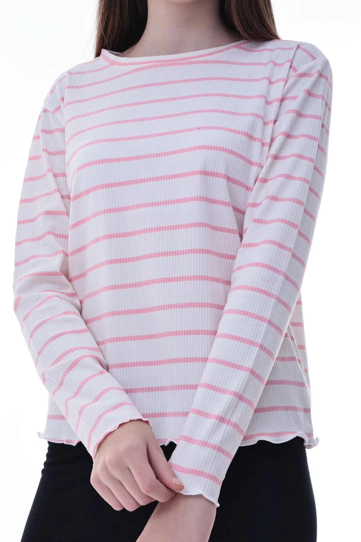 Kız Çocuk Çizgili Uzun Kollu Bluz – Fırfırlı Yaka, Rahat Günlük Giyim, Esnek Kumaş