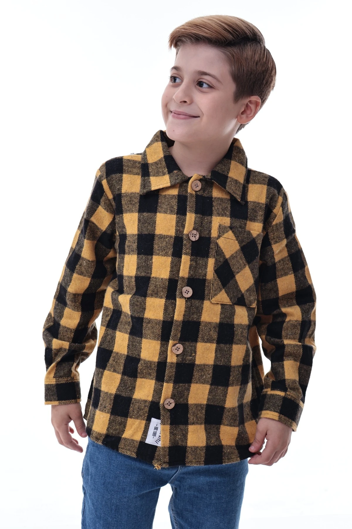 Sarı Siyah Ekose Erkek Çocuk Oduncu Gömlek Kalın Kumaş Düğmeli