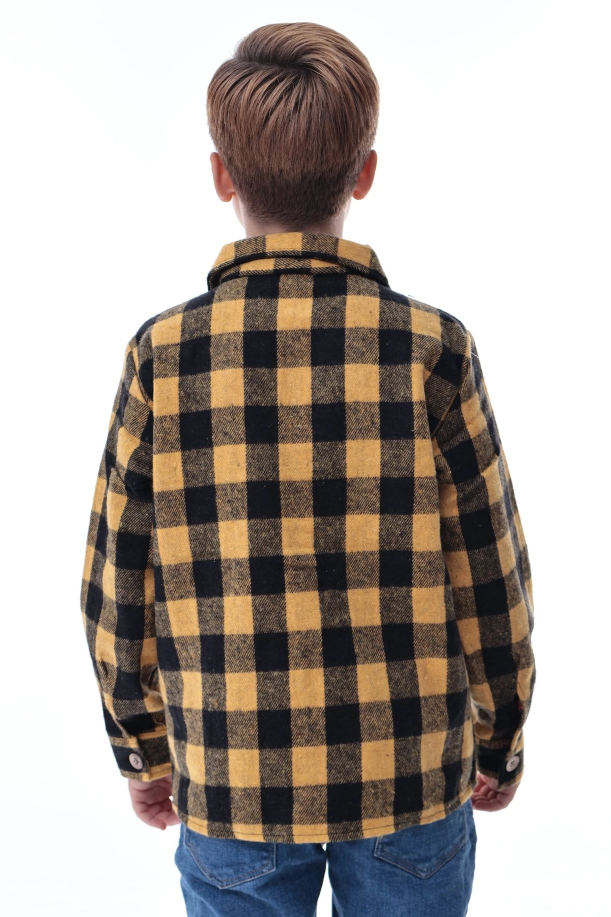 Sarı Siyah Ekose Erkek Çocuk Oduncu Gömlek Kalın Kumaş Düğmeli