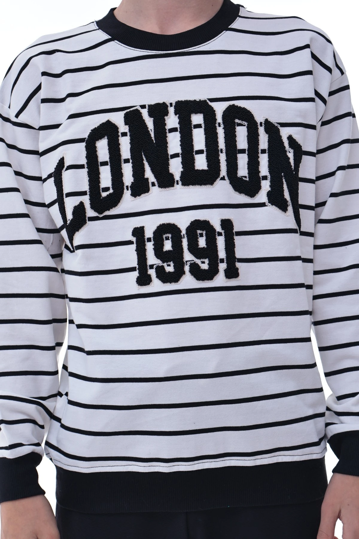Erkek Çocuk London 1991 Baskılı Çizgili Sweatshirt – Siyah Beyaz Pamuklu