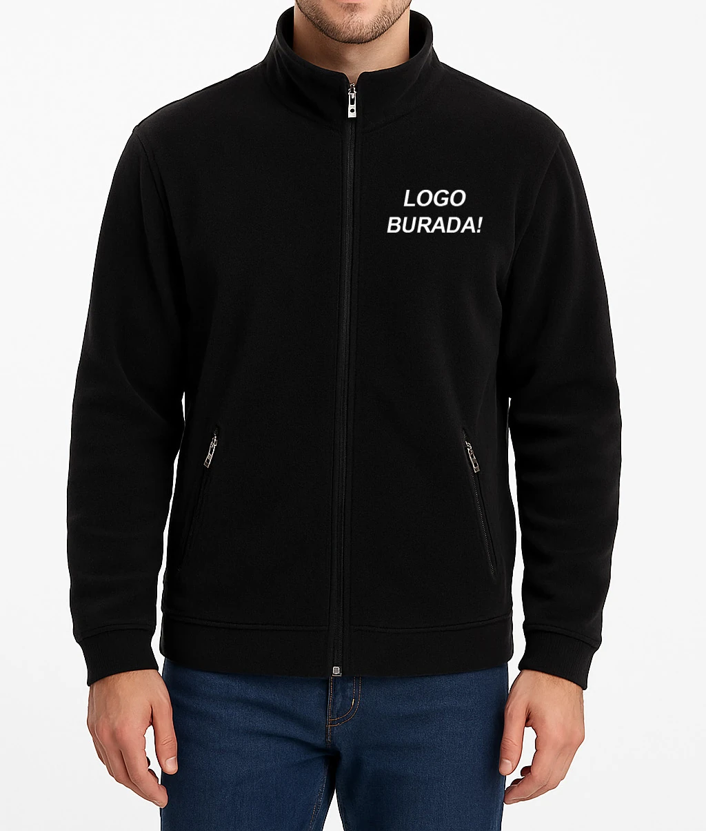 Nakış Logo Baskılı Fermuarlı Polar - Siyah