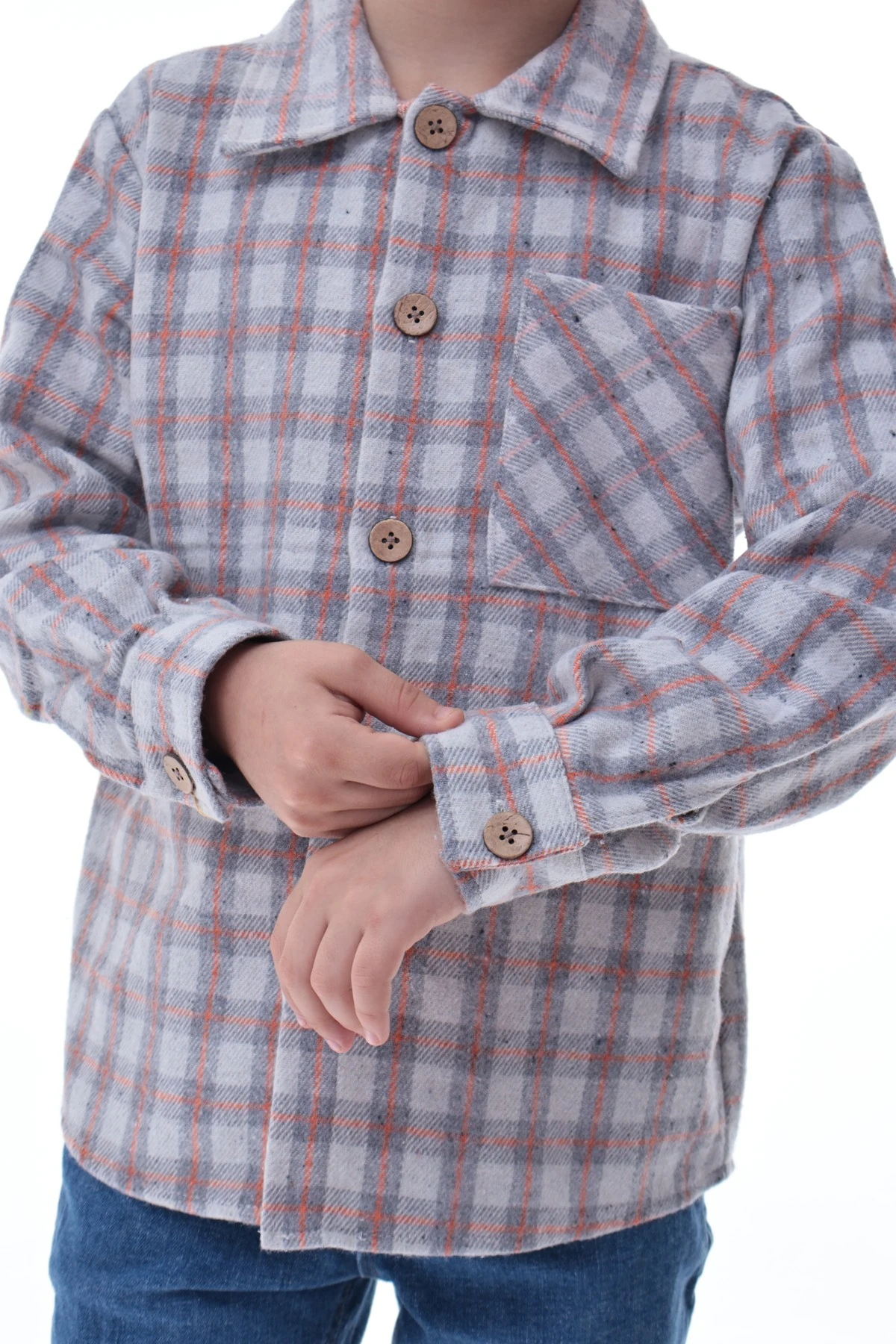 Gri Turuncu Ekose Erkek Çocuk Oduncu Gömlek Düğmeli Rahat Kalıp