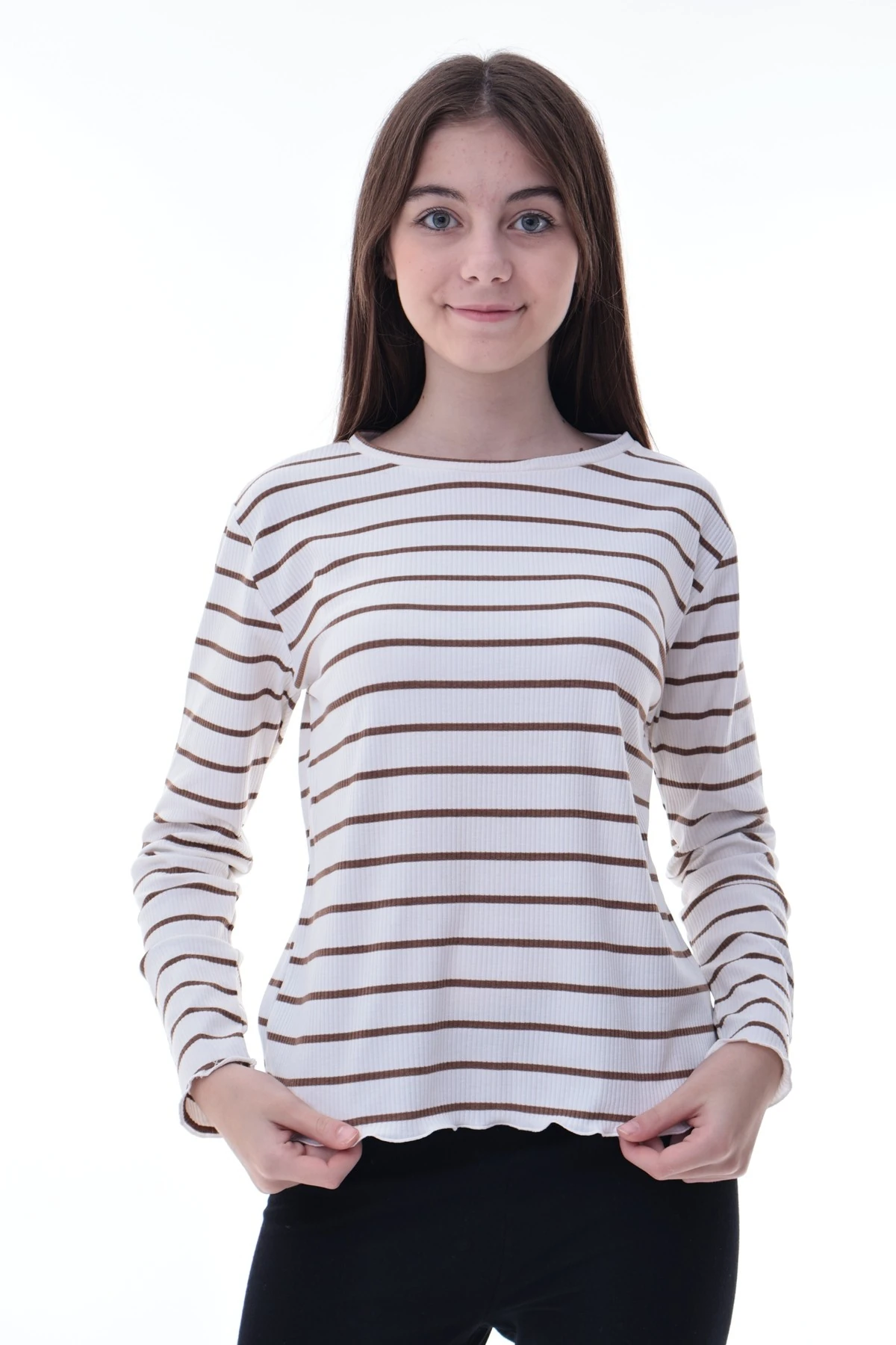 Kız Çocuk Çizgili Uzun Kollu Bluz – Fırfırlı Yaka, Rahat Günlük Giyim, Esnek Kumaş