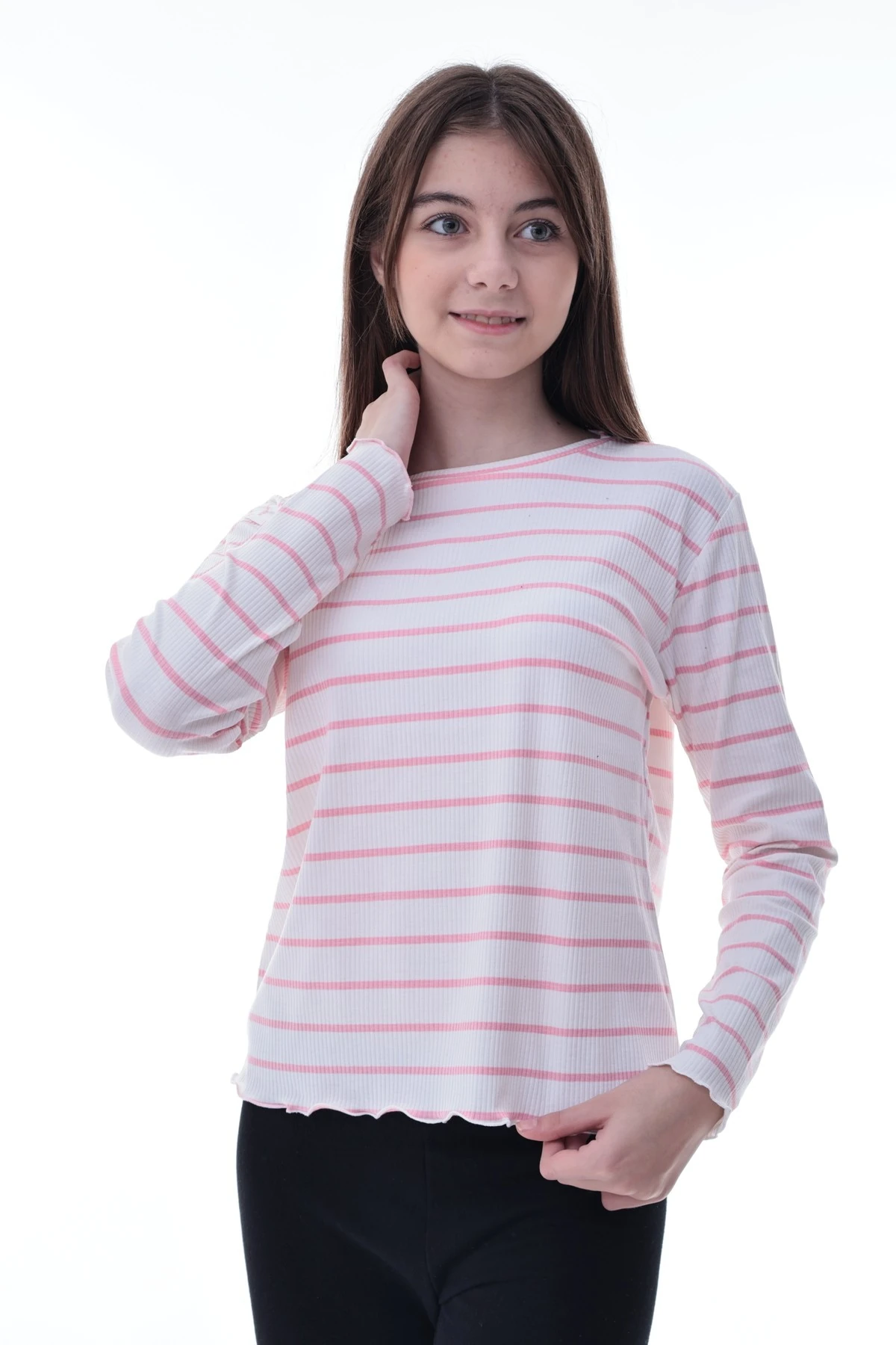 Kız Çocuk Çizgili Uzun Kollu Bluz – Fırfırlı Yaka, Rahat Günlük Giyim, Esnek Kumaş