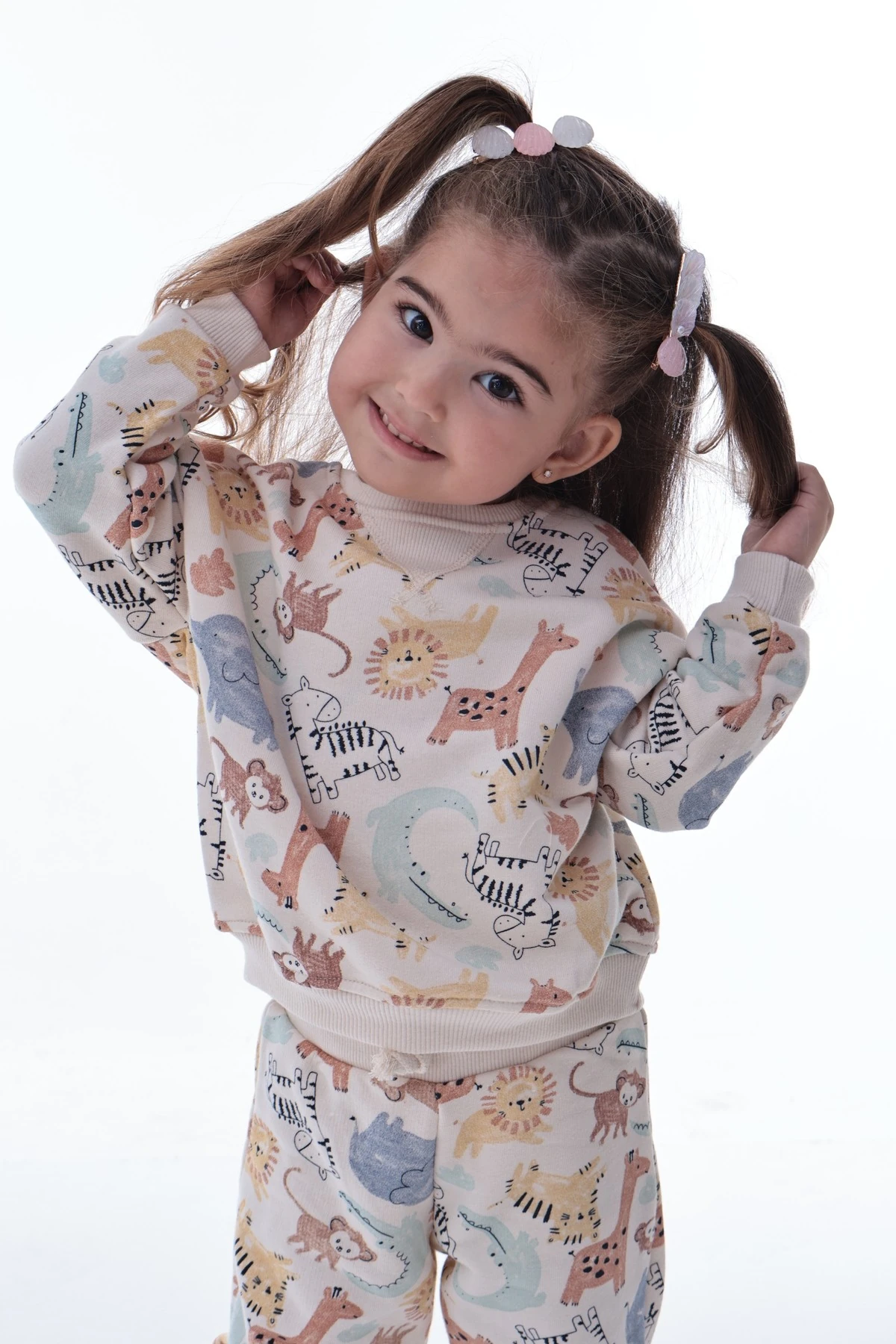 Kız Çocuk Renkli Hayvan Desenli Sweatshirt Jogger Takım | Yumuşak Rahat Günlük Giyim