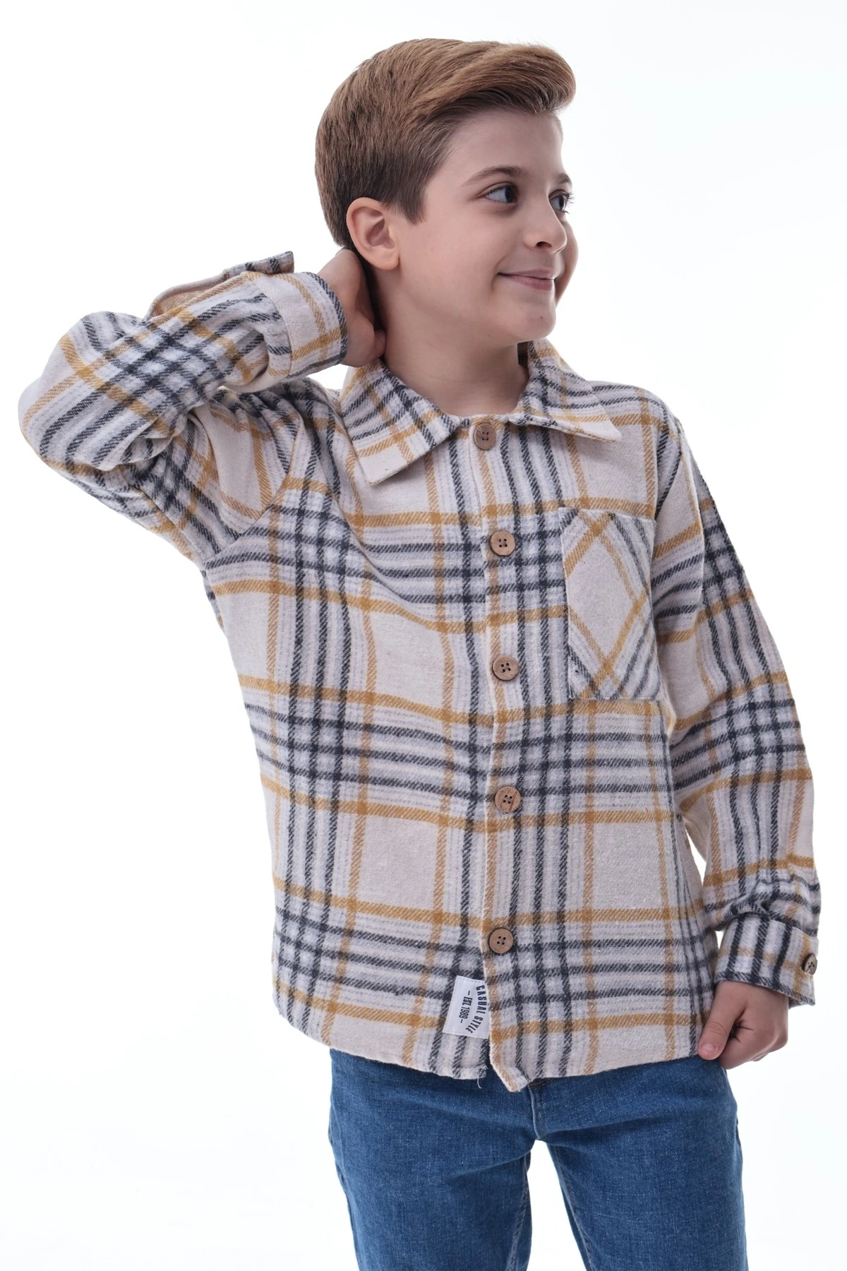 Bej Sarı Ekose Erkek Çocuk Oduncu Gömlek Rahat Kalıp Düğmeli