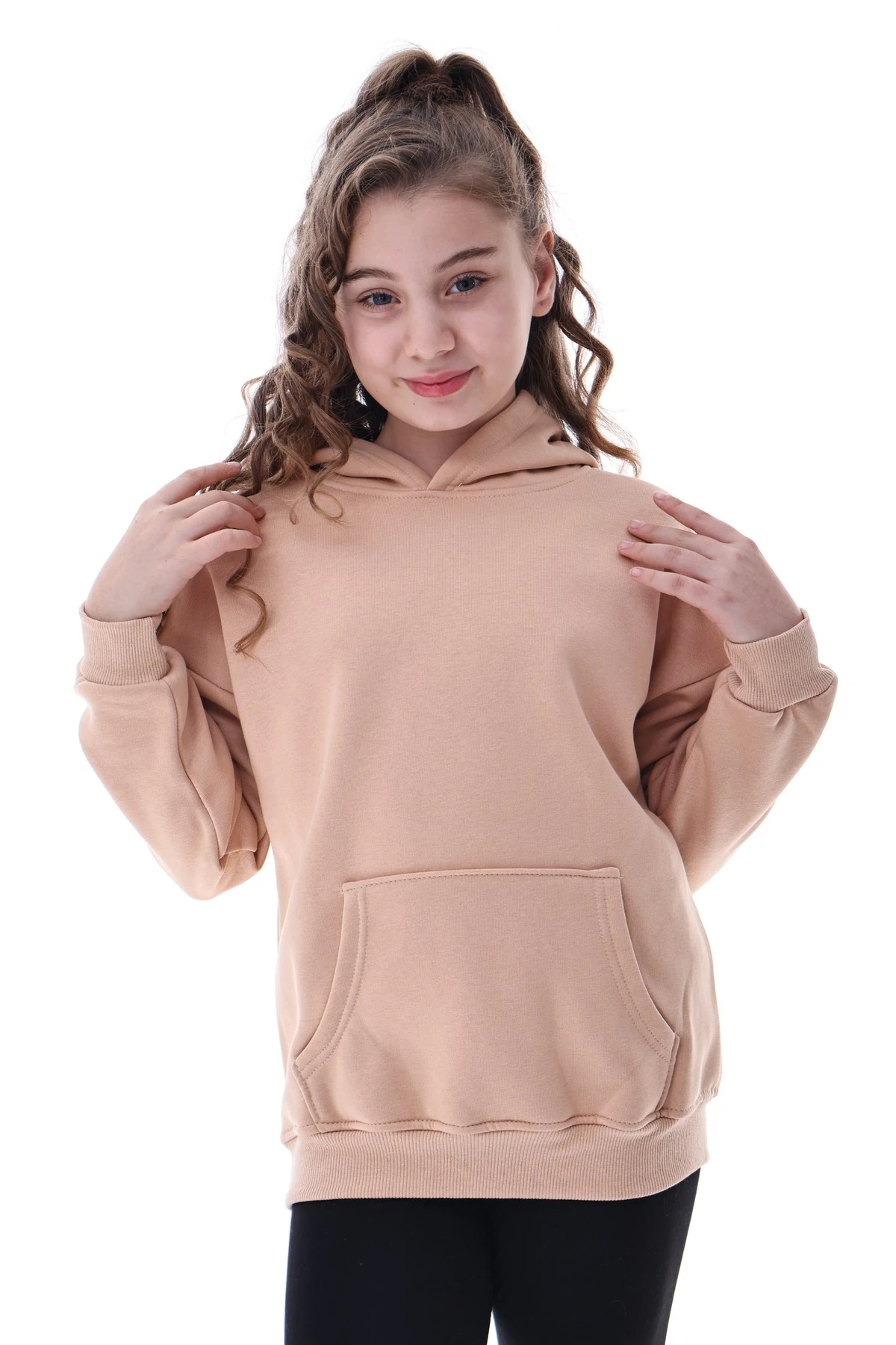 Unisex Çocuk Kapüşonlu Sweatshirt Rahat Günlük Spor Giyim Oversize Model Krem Renkli