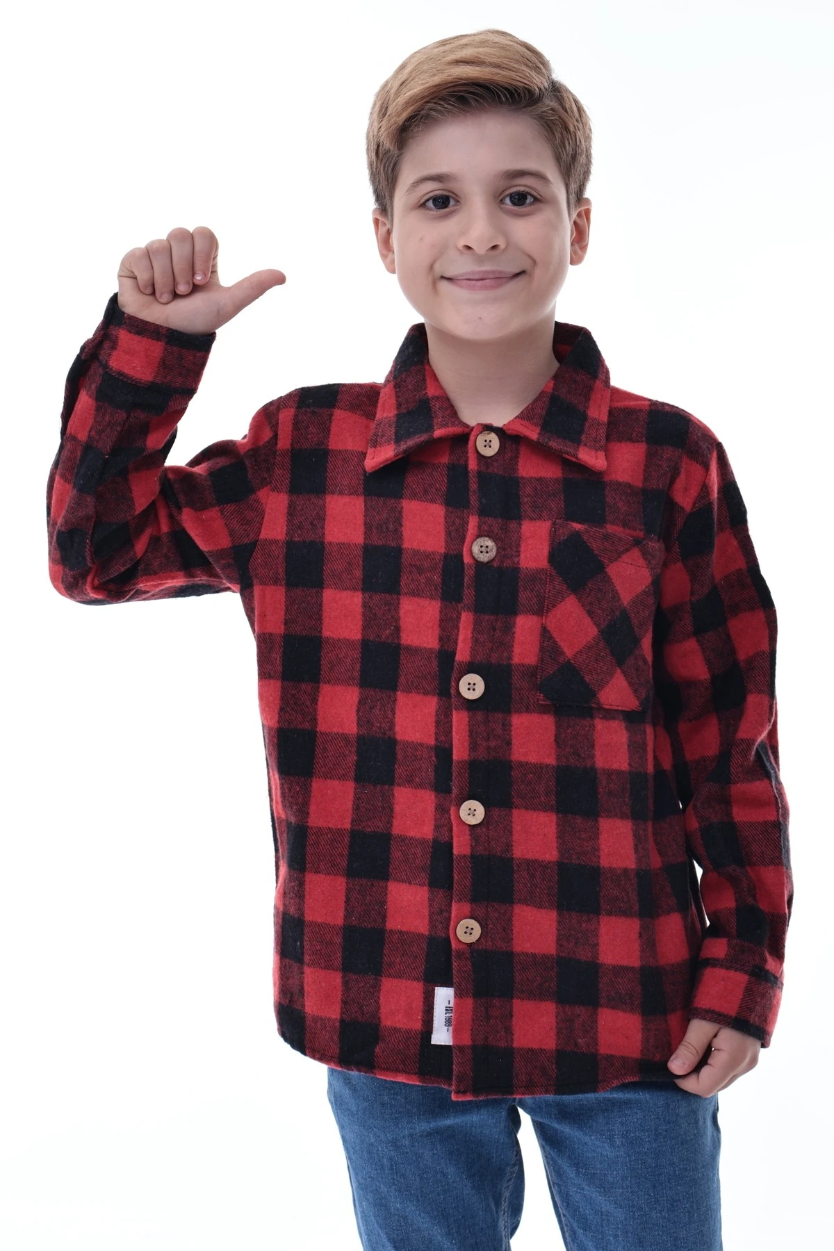Kırmızı Siyah Ekose Erkek Çocuk Oduncu Gömlek Rahat Kalıp Düğmeli