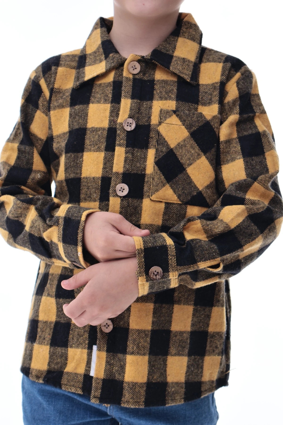 Sarı Siyah Ekose Erkek Çocuk Oduncu Gömlek Kalın Kumaş Düğmeli