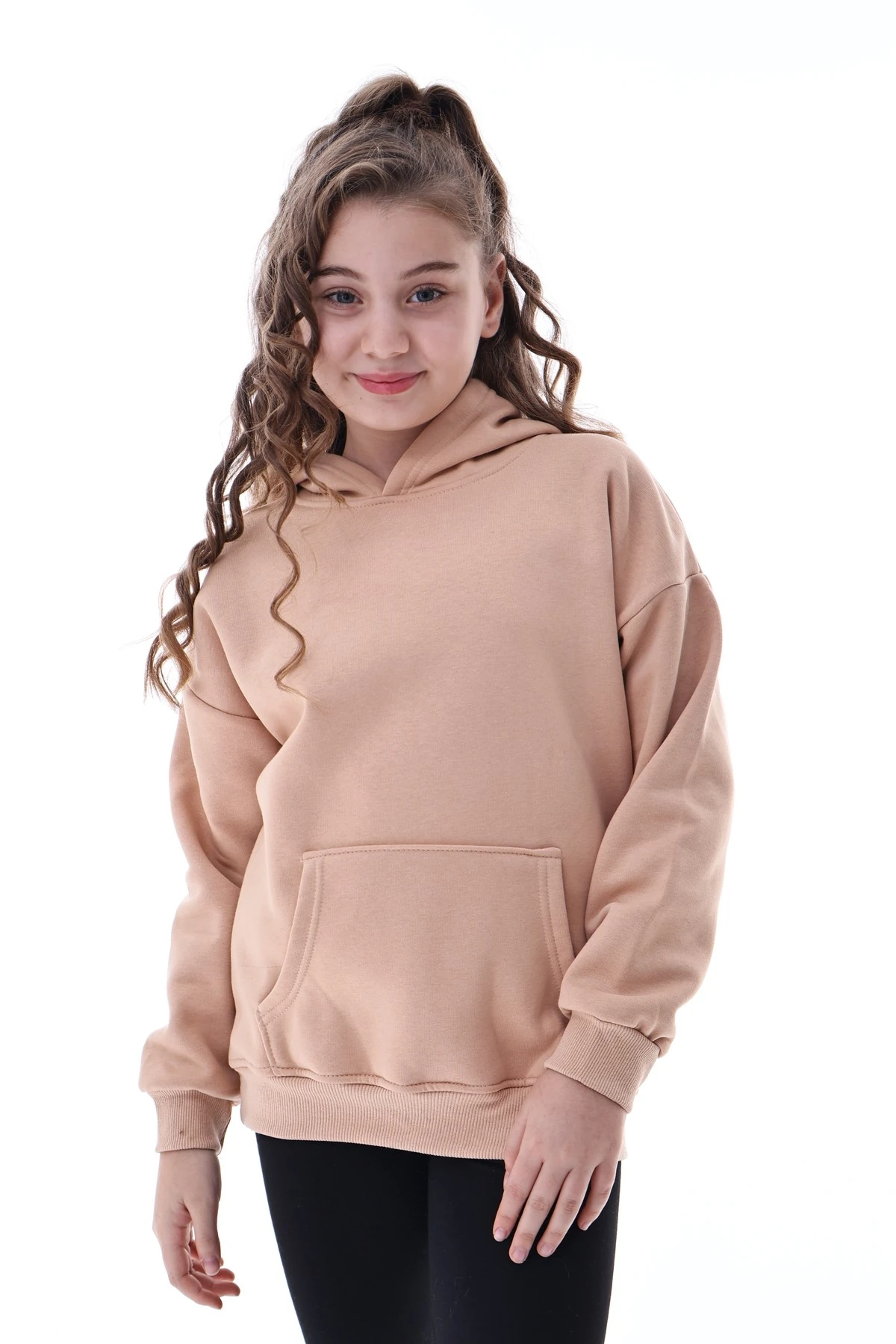 Unisex Çocuk Kapüşonlu Sweatshirt Rahat Günlük Spor Giyim Oversize Model Krem Renkli