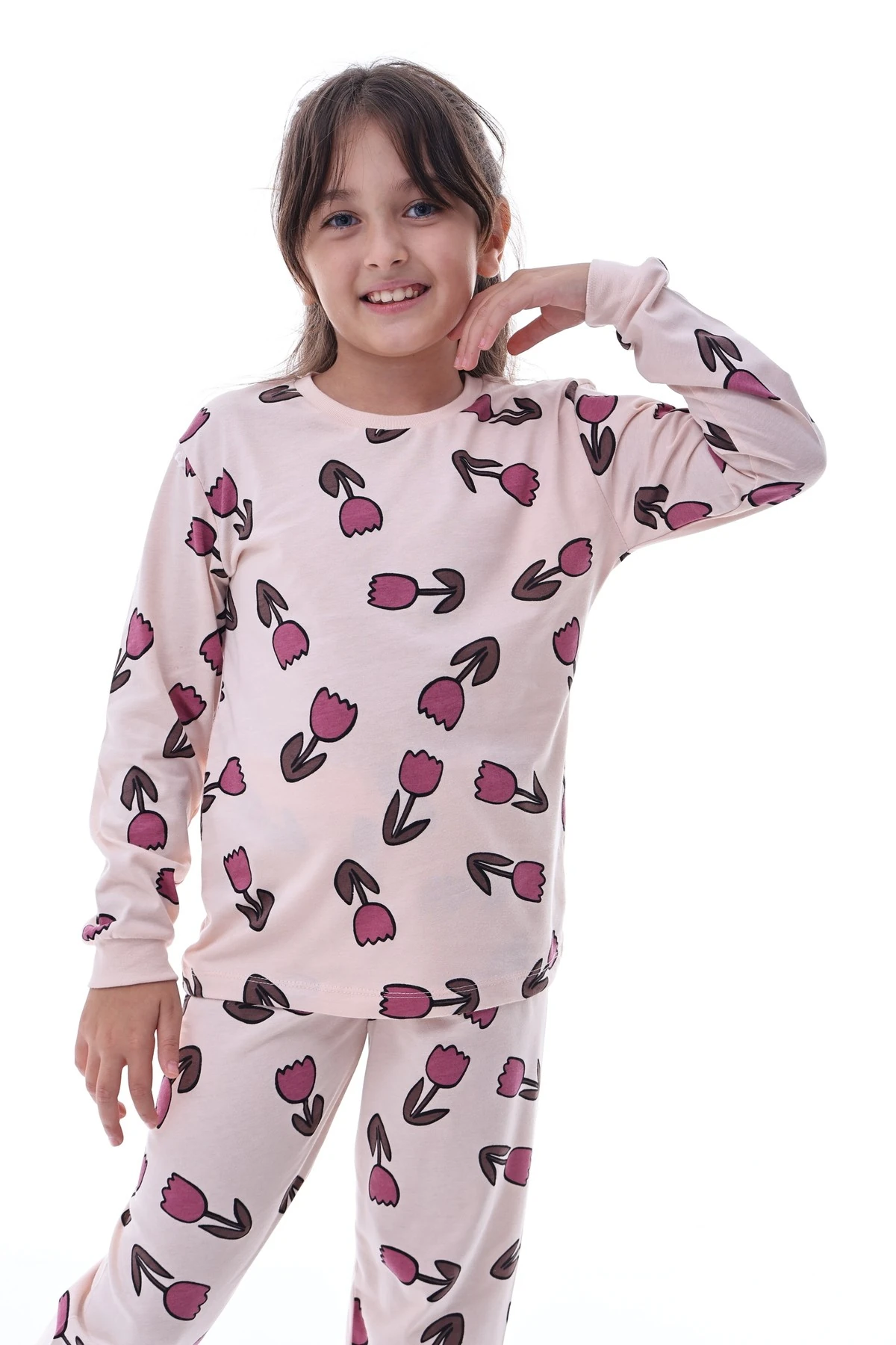 Kız Çocuk %100 Pamuklu Desenli Pijama Takımı – Uzun Kollu Rahat Ev Giyimi