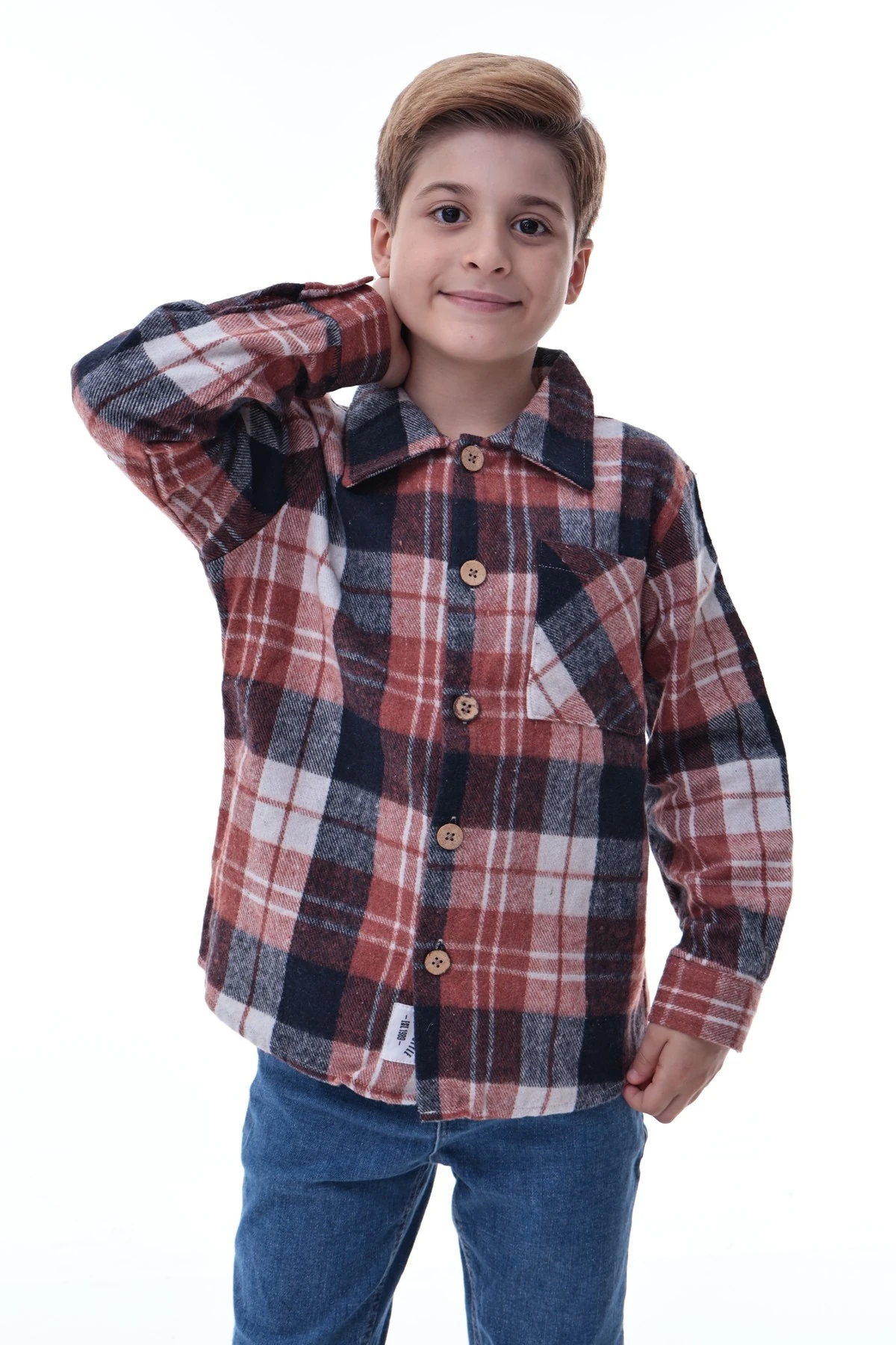 Kahverengi Lacivert Ekose Erkek Çocuk Oduncu Gömlek Düğmeli Kalın Kumaş