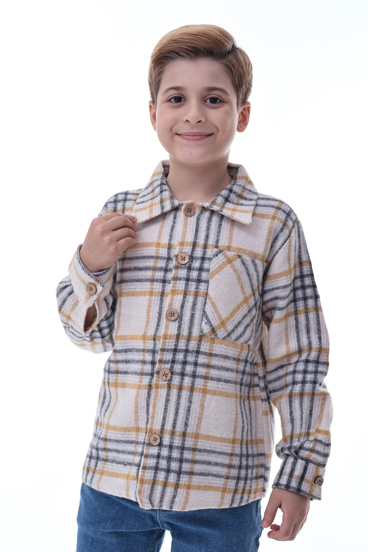Bej Sarı Ekose Erkek Çocuk Oduncu Gömlek Rahat Kalıp Düğmeli